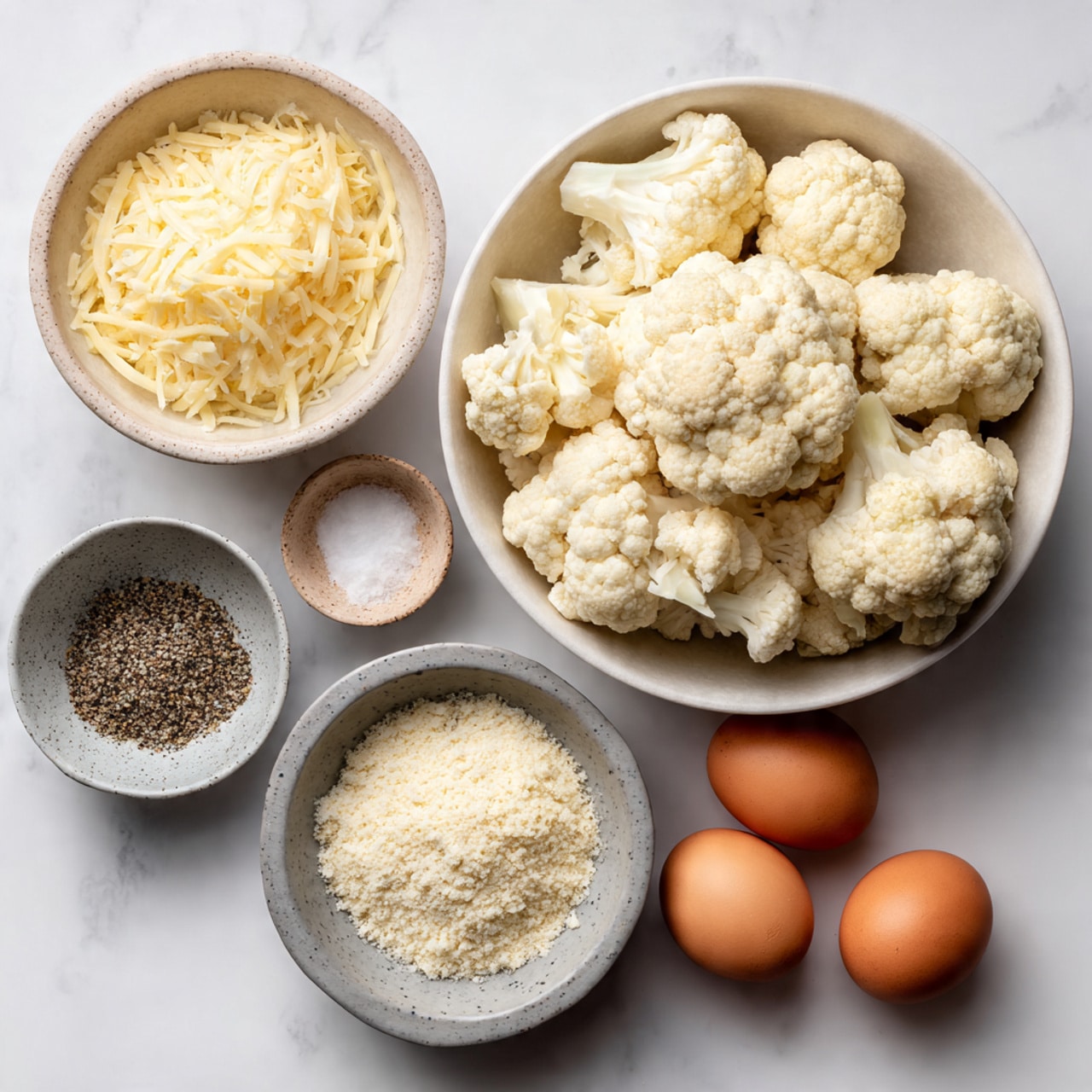 The image shows six ingredients arranged on a white marbled surface. On the right is a white bowl filled with off-white cauliflower florets, rough and bumpy in texture, piled high. To its left at the top is a white bowl with pale yellow grated cheese, finely crumbly in texture. Below that is a small beige bowl with coarse black pepper and another small white bowl with a light beige powder, likely breadcrumbs. Near the bottom left is a small gray bowl with coarse white salt. Two brown eggs with smooth shells are positioned near the bottom center. Photo taken with an iphone --ar 4:5 --v 7