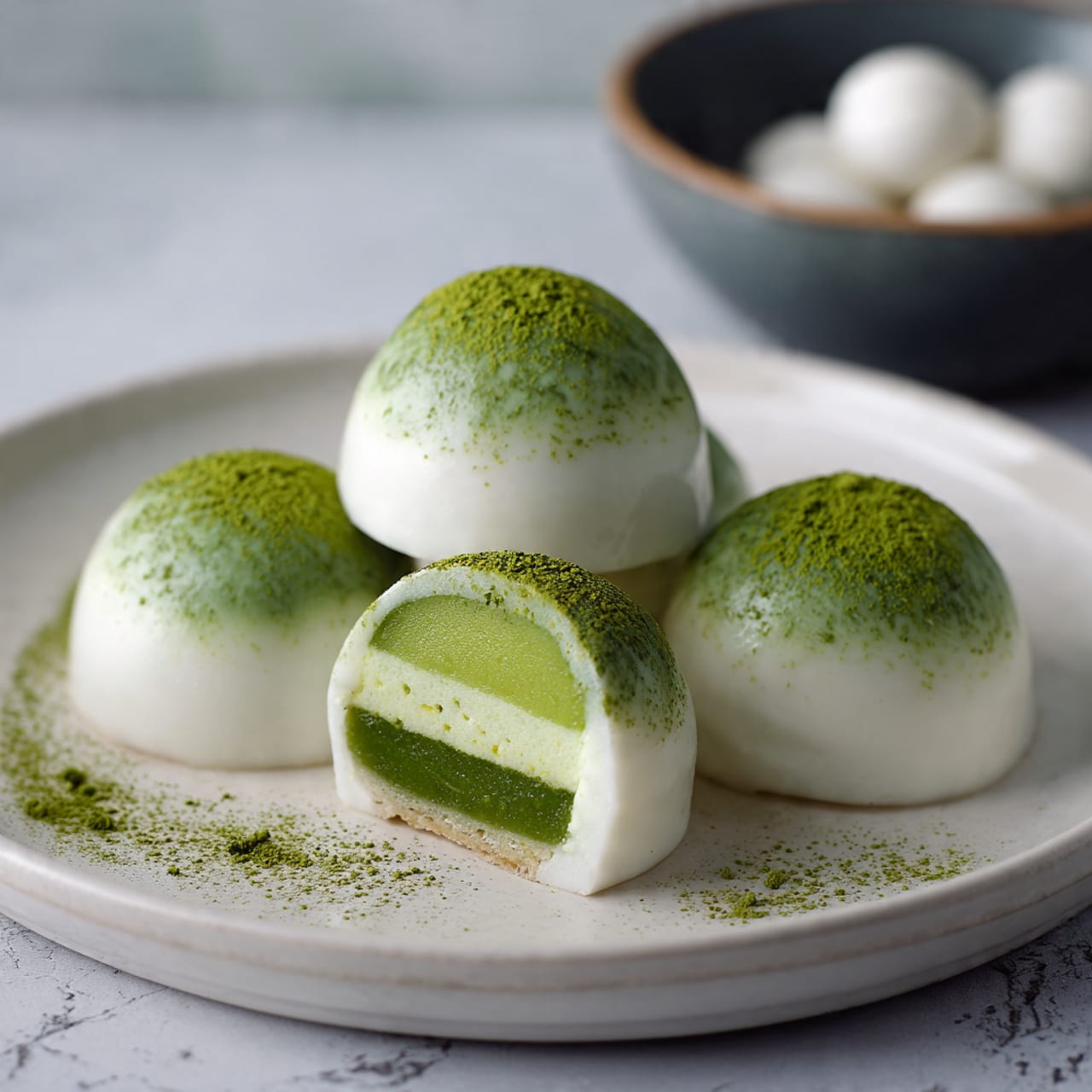 The image shows five round dome-shaped desserts on a white plate with a white marbled surface underneath. Each dessert has two main layers: the top layer is smooth and white, while the bottom layer is green with a soft, dense texture. The tops are dusted with green powder that fades lightly down the sides, creating a gradient effect. Two of the domes are cut in half, revealing the bright green layer beneath the smooth white top. In the background, a dark bowl holds white, round objects, blurred out to keep focus on the desserts. photo taken with an iphone --ar 4:5 --v 7