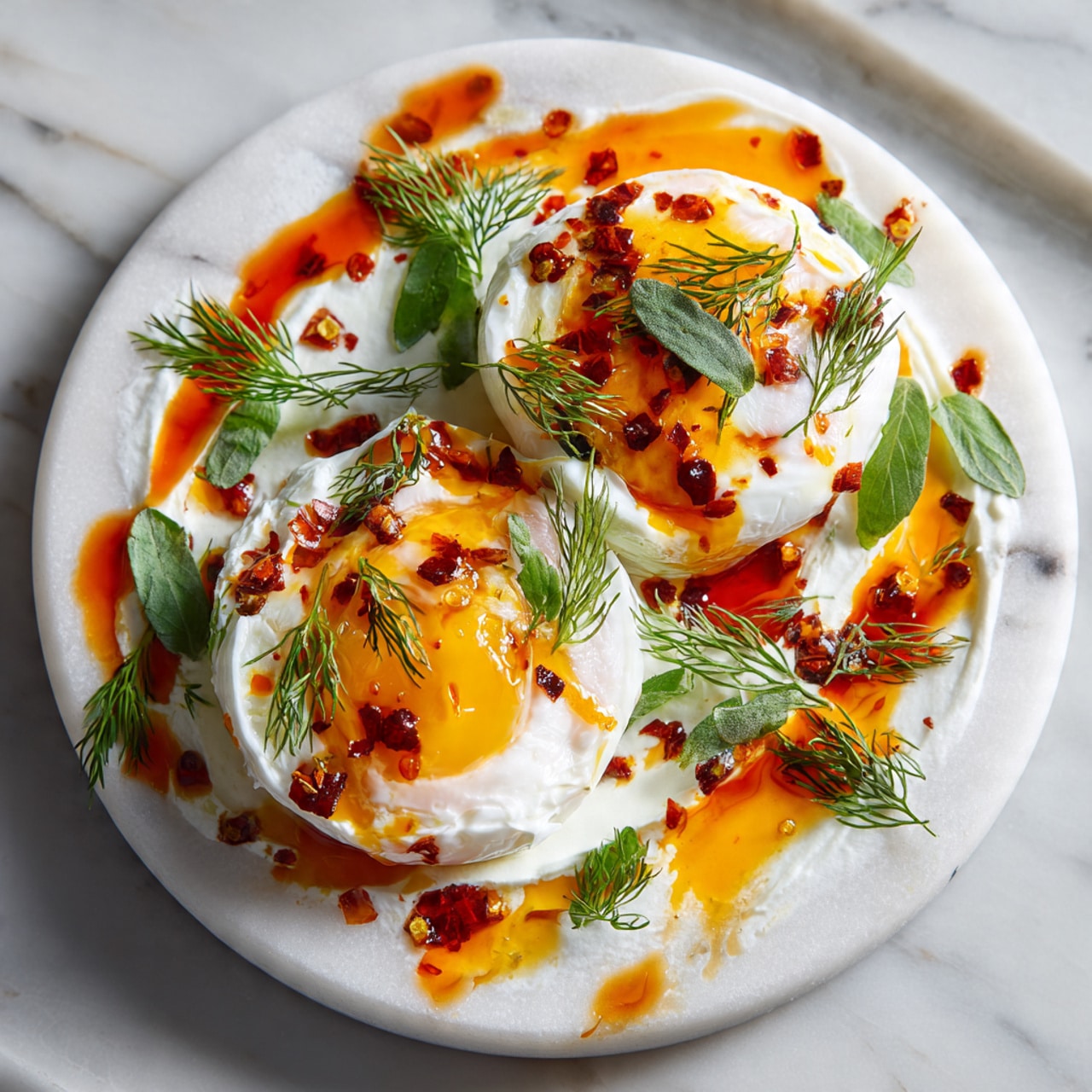 The image shows a close-up of two white poached eggs sitting on a thick layer of creamy white yogurt spread evenly on a white marbled plate. Bright orange chili oil with red chili flakes is drizzled in a scattered, artistic pattern over the eggs and around the yogurt, creating contrast with the white layers. Small green herb leaves and delicate sprigs of dill are placed around the eggs, adding fresh green accents. The overall look is smooth and creamy with vibrant color pops from the chili oil and herbs. photo taken with an iphone --ar 4:5 --v 7