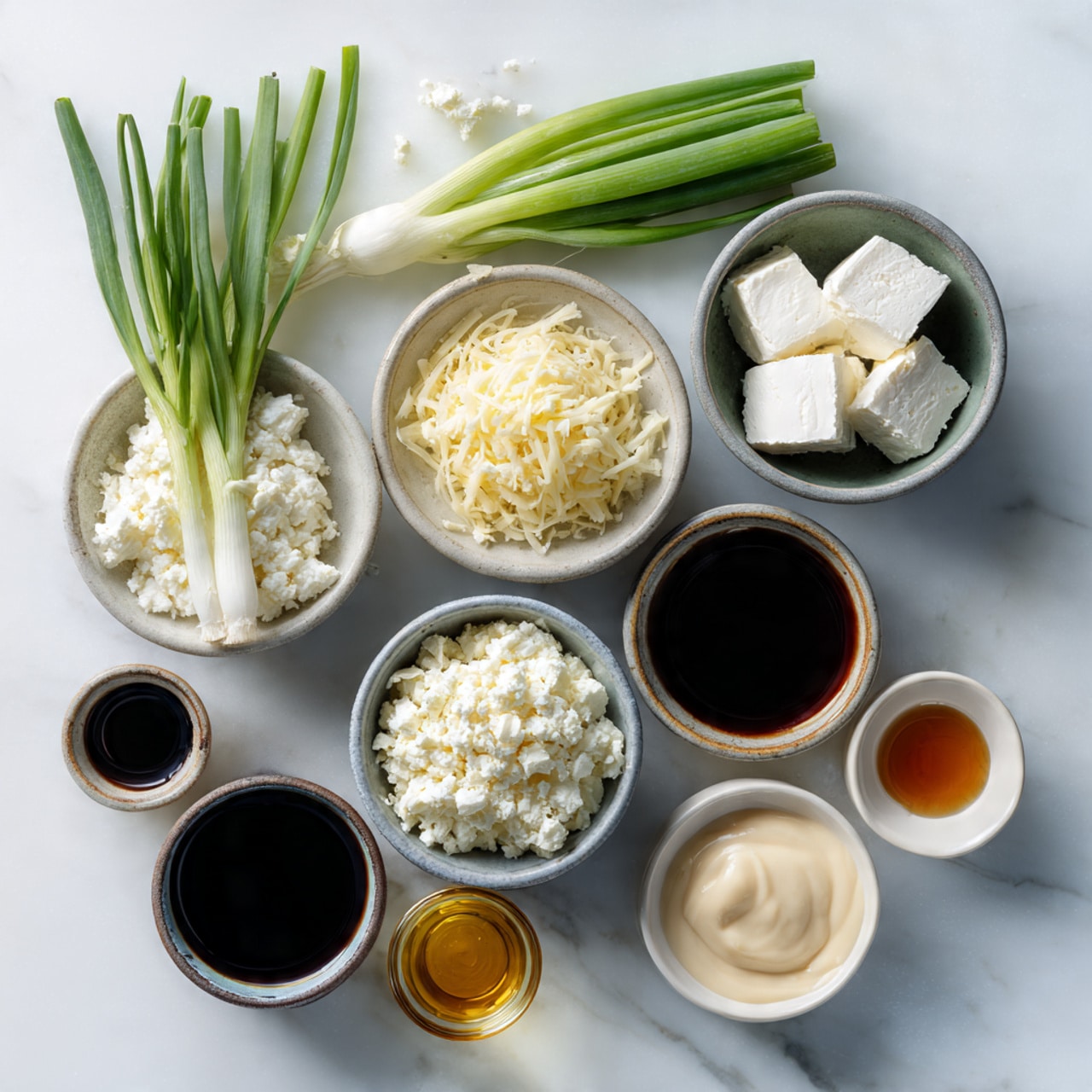 A top view of eleven small white and gray bowls arranged on a white marbled surface, each filled with different ingredients: three light green spring onions at top left, two white soft cheese portions in gray bowls, one in the top center and one top right. Below them, a white bowl with pale yellow shredded cheese is on the left, next to a gray bowl containing crumbly white cheese in the middle. Small bowls with dark soy sauce and other dark liquids are placed around, along with a small glass bowl holding a golden liquid and another with light beige creamy sauce. The bowls create a scattered but neat pattern, showing varied textures and neutral to dark colors. Photo taken with an iphone --ar 4:5 --v 7