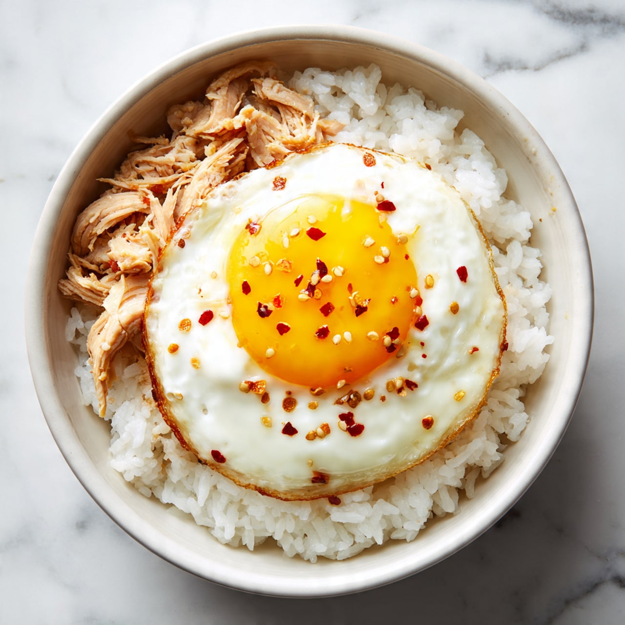 A white bowl with a layer of shredded light brown chicken at the bottom, topped by a round serving of white rice in the center. On top of the rice is a sunny-side-up egg with a bright yellow yolk and white edges. The egg is sprinkled with small red spices. The bowl is placed on a white marbled surface. photo taken with an iphone --ar 4:5 --v 7