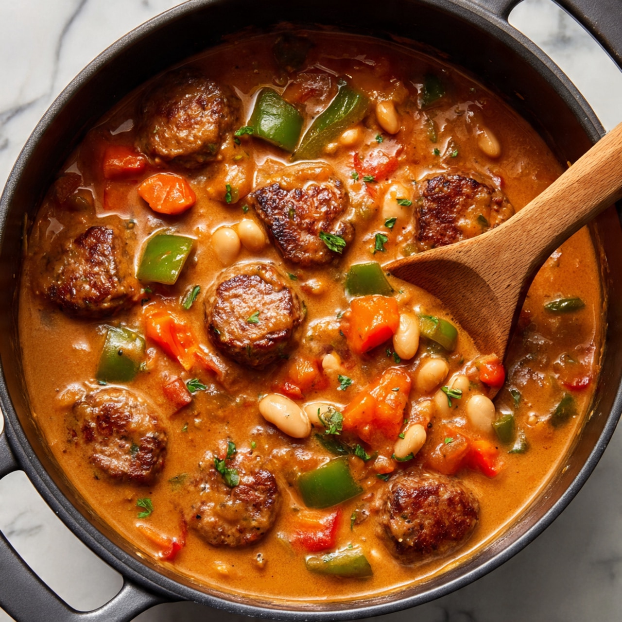 A close-up view of a black pot filled with thick, creamy stew. The stew has three main layers: a smooth light brown sauce base, large round slices of browned sausage scattered on top, and chopped vegetables including green bell peppers, orange carrots, and white beans mixed evenly throughout. A wooden spoon is partially dipped into the stew, positioned diagonally from top right to bottom left. The pot sits on a stove with a white marbled surface visible around it. photo taken with an iphone --ar 4:5 --v 7