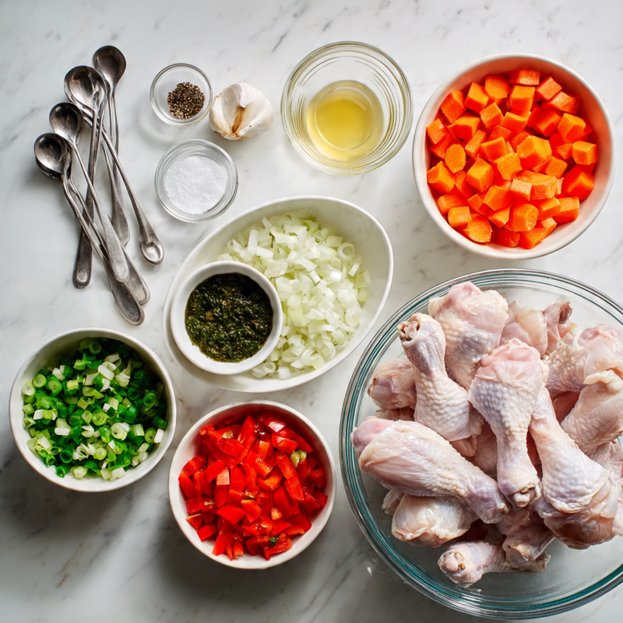 The image shows a top view of several white bowls and clear glass bowls filled with cooking ingredients arranged on a white marbled surface. In the bottom right, a large clear glass bowl contains many raw chicken drumsticks layered with pale pink and white skin. Near the chicken bowl, a small white bowl holds a dark green leafy sauce, and above it is another small white bowl with light yellow liquid. Above and to the left, there is an empty clear glass bowl. To the upper left, four small measuring spoons contain black pepper, three garlic cloves, and salt. Surrounding them, a white bowl is filled with finely chopped white onions, another with sliced fresh green onions, and a larger white bowl holds diced red bell peppers and green chili peppers. At the top left, another white bowl contains bright orange carrot sticks and tomato chunks. The overall setting looks clean and organized, ready for cooking. photo taken with an iphone --ar 4:5 --v 7