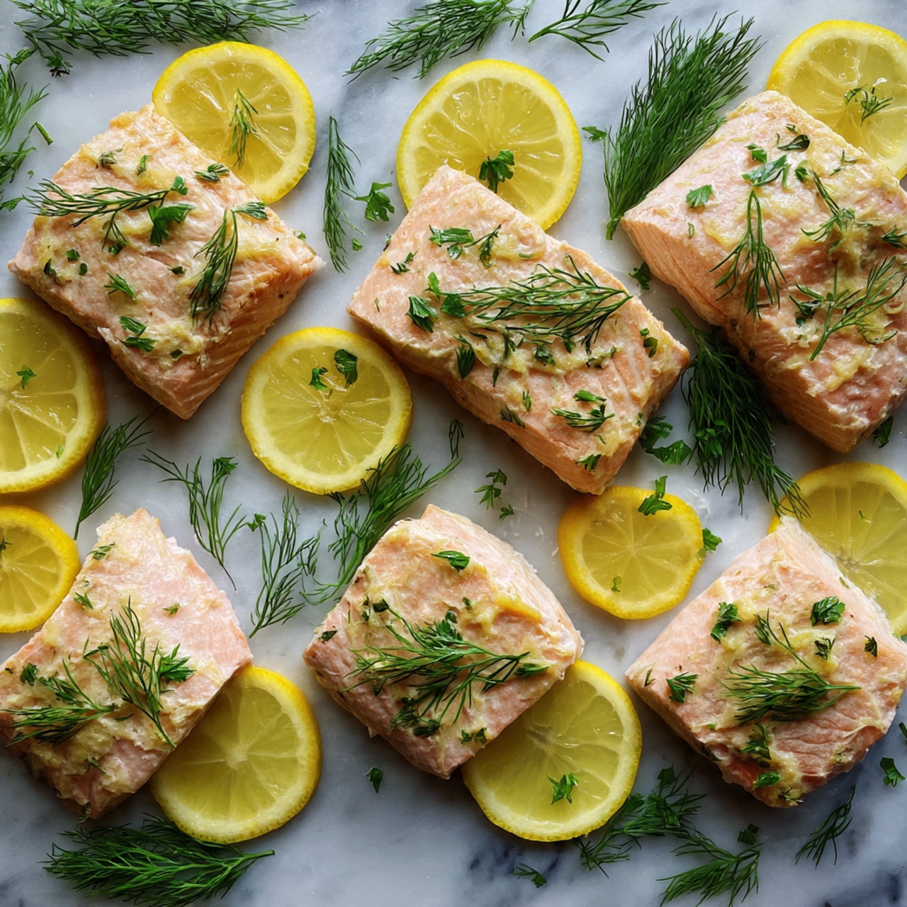 The image shows several cooked pieces of light pink salmon with a slightly flaky texture, topped with small sprigs of fresh green dill. Between the salmon pieces are bright yellow lemon wedges arranged neatly. All the food is placed on a white marbled surface, creating a fresh and clean look. photo taken with an iphone --ar 4:5 --v 7