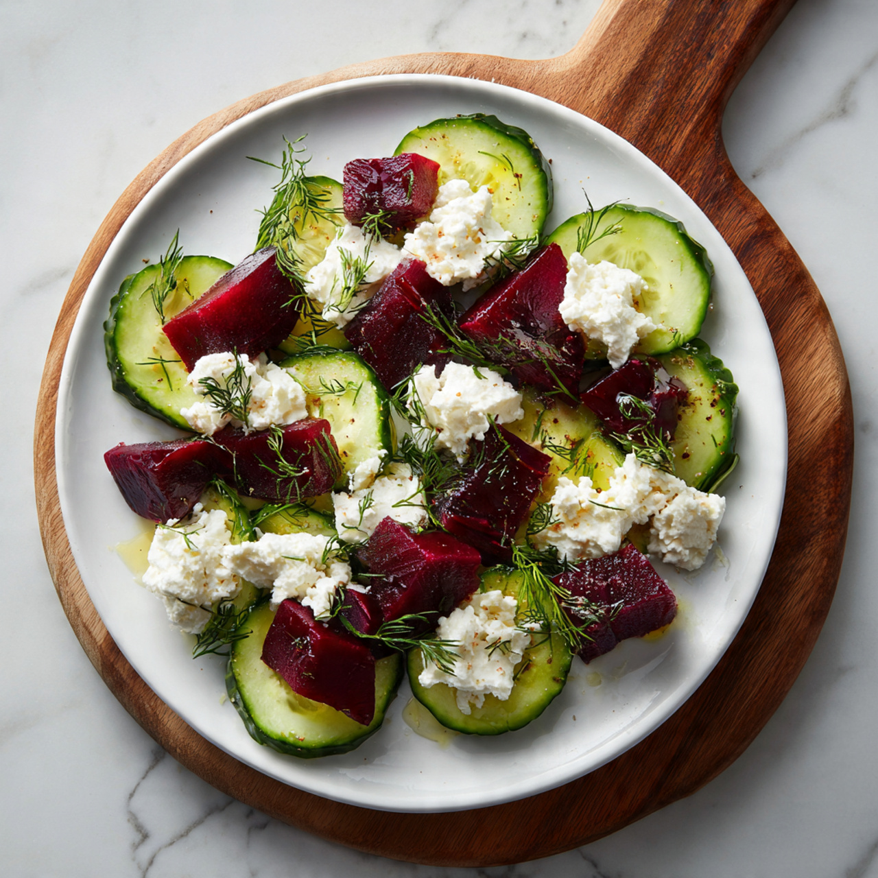 A white round plate holds a colorful salad with three main layers: the bottom layer is made of thin cucumber slices with a dark green edge and bright pale green center, the middle layer contains deep red beet cubes with a shiny texture, and the top layer features small white cottage cheese clumps scattered unevenly. Green sprigs of fresh dill are lightly sprinkled over the salad, adding a fine, feathery texture, and there is a light drizzle of olive oil shining on the ingredients. The plate is placed on a white marbled surface next to a wooden cutting board. photo taken with an iphone --ar 4:5 --v 7