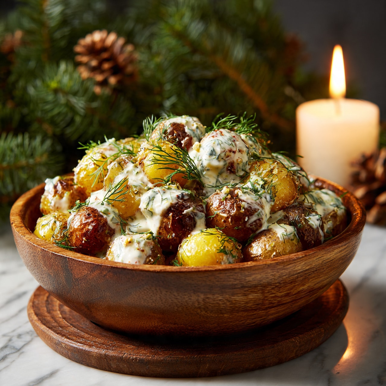 A wooden bowl is placed on a wooden round base, filled with about two layers of small roasted potatoes showing a mix of golden yellow and brown skins. The potatoes are topped with a thick, creamy white sauce that clings to many pieces and is sprinkled with fresh green dill. The background shows dark green pine needles and some pine cones, with a tall, lit candle glowing softly in the upper right area. The scene is set on a white marbled surface. Photo taken with an iphone --ar 4:5 --v 7