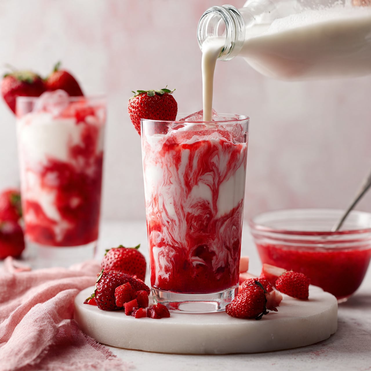 A clear glass is filled with three main layers: at the bottom, there is a thick, bright red strawberry sauce with visible chunks; the middle layer shows a mix of the white milk and strawberry sauce swirling together creating a marbled effect; the top layer is creamy white milk being poured from a glass bottle into the glass, creating a smooth, flowing texture. The glass sits on a round white marbled surface with fresh whole strawberries and small chopped pieces scattered around. In the background, another glass filled with the same drink has a whole strawberry garnish, and a clear bowl holding extra strawberry sauce with a spoon inside is placed nearby. Soft pink cloth adds a cozy touch, and the background is a light, blurred white marbled texture. Photo taken with an iphone --ar 4:5 --v 7
