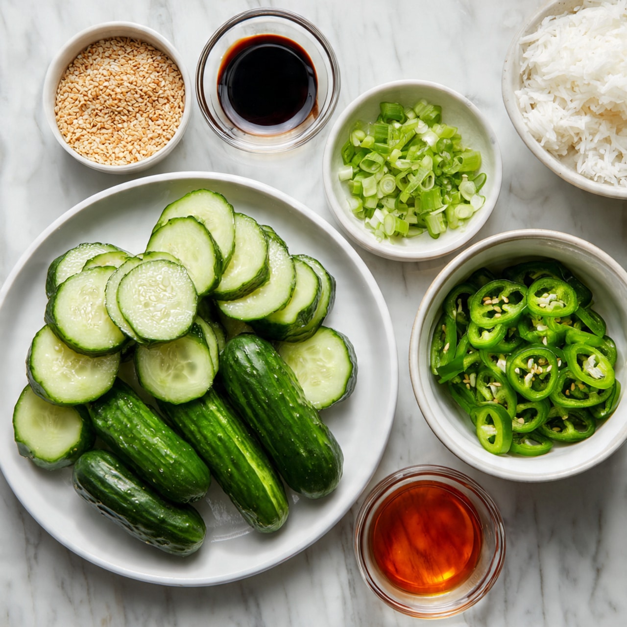 The image shows several small white bowls and a white plate on a white marbled surface. The white plate holds whole and sliced cucumbers with a bright green color and smooth texture. One small white bowl contains thinly sliced green chili peppers, while another small white bowl holds chopped green onions. There is a bowl with steamed white rice visible, and two small clear bowls contain dark soy sauce and a reddish-orange liquid. A small bowl in the background has a mix of sesame seeds. The arrangements are neat and the colors contrast nicely with the white marbled surface. Photo taken with an iphone --ar 4:5 --v 7