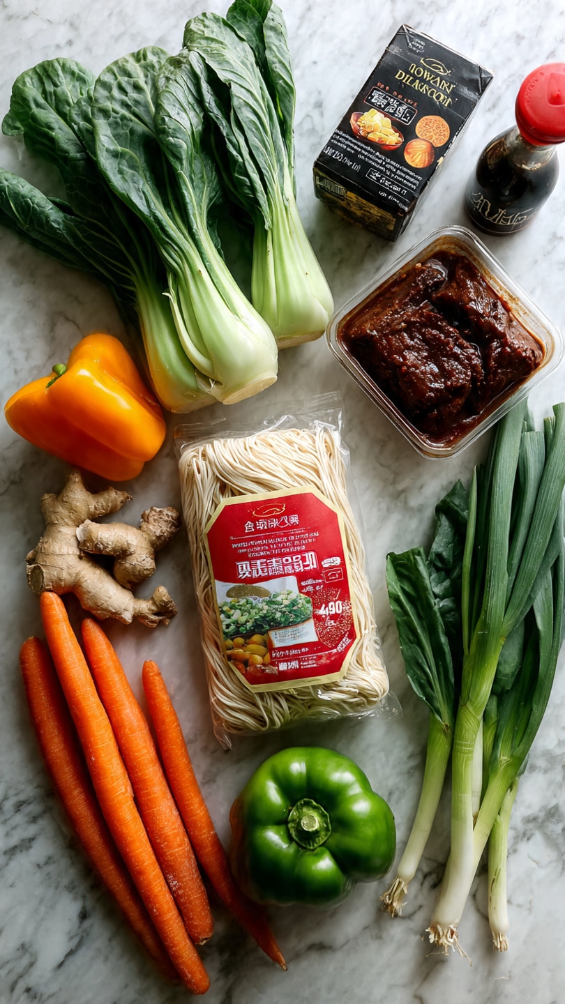 The image shows a white marbled countertop with fresh ingredients for cooking. In the middle, there is a red and white package of noodles. Around it are green leafy bok choy with thick stems, a bright orange carrot, a green bell pepper, a golden brown onion, small pieces of ginger, a white and green stalk of green onion, and a package of brown marinated meat in a red container. Behind all these ingredients, there is a bottle of soy sauce, a bottle of dark reddish sauce, and a small carton of black broth stock. The scene looks clean and ready for cooking. Photo taken with an iphone --ar 4:5 --v 7