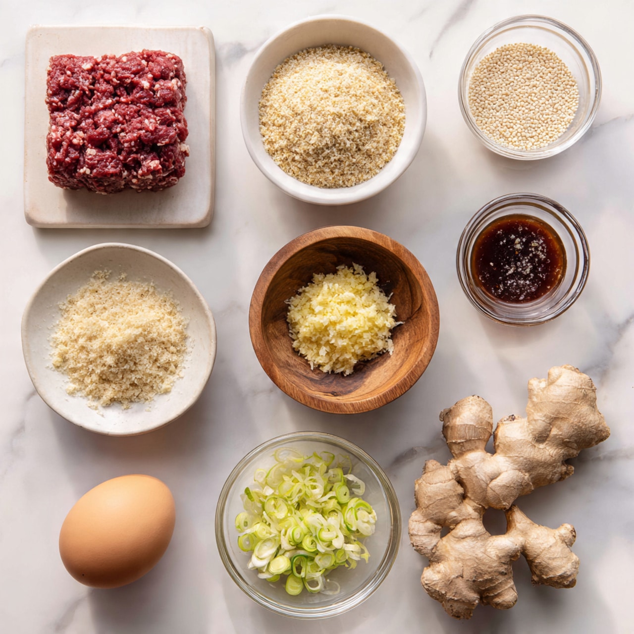 The image shows a white marbled surface with several small bowls and containers arranged neatly in a flat lay style. At the top left, there is a rectangular block of raw ground meat with a deep red color and a rough texture. Below it, there is a round white bowl filled with beige breadcrumbs, showing a crumbly texture. To the right of this bowl, a small, clear container holds pale seeds, while next to it, a round white bowl contains a dark reddish-brown sauce with a glossy surface. Below this, another small smoky glass container holds a dark liquid. In the center of the image, a brown wooden bowl has a light yellow mixture that looks like minced garlic or ginger. To the left, a small pile of finely grated pale substance, likely ginger, rests on the surface. Near the bottom center, a clear round bowl contains finely chopped light green vegetables. Right below, an egg with a smooth brown shell is placed on the white marbled surface. In the bottom right, a round white bowl holds fine white salt, and nearby, some fresh ginger root pieces lie on the surface. The arrangement is clean and organized with natural colors that contrast nicely with the white marbled background. photo taken with an iphone --ar 4:5 --v 7