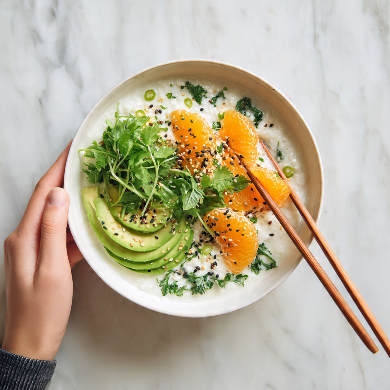 A white bowl filled with a creamy white base, possibly rice or porridge, topped with several layers. The bottom layer has green leafy vegetables and slices of light green avocado arranged on one side. Over that, there are thin orange slices that look soft and cooked, scattered evenly. Small bits of seeds, black and white, are sprinkled on top, adding texture. Fresh green herbs are finely chopped and spread over the dish. A woman's hand holding wooden chopsticks is reaching from the right side toward the food. The bowl sits on a white marbled surface. photo taken with an iphone --ar 4:5 --v 7