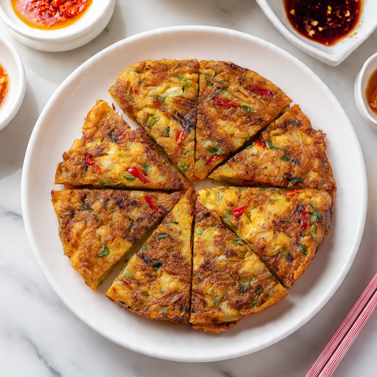 The image shows a round, golden brown pancake cut into 12 equal triangular slices on a plain white plate. The pancake has a slightly crispy texture with visible green and red vegetable pieces, giving it a colorful appearance with hints of green onions and red peppers mixed in. The surface is uneven with small browned spots, indicating it’s cooked well on both sides. The plate sits on a white marbled surface with a pair of pink chopsticks resting beside it. In the background, there are small dishes containing sauces and side dishes, all set on the same white marbled surface. The photo taken with an iphone --ar 4:5 --v 7