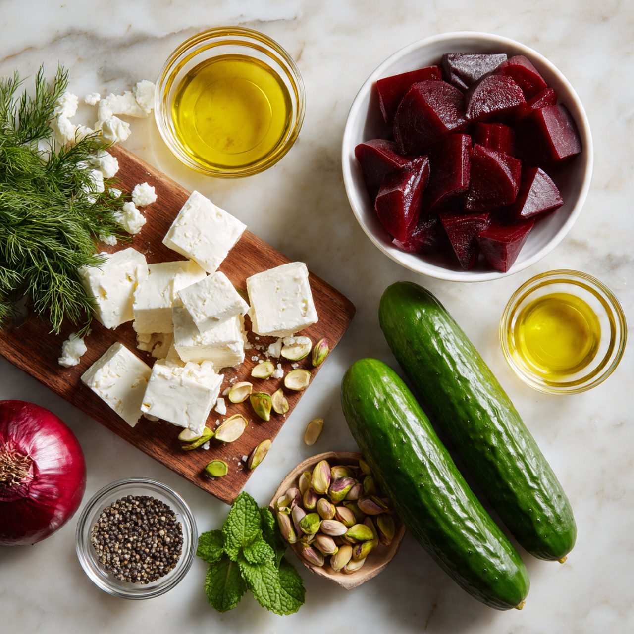 The image shows ingredients for a fresh salad arranged on a white marbled surface. There are two long, shiny green cucumbers on the right side, with deep red sliced beets in a white bowl above them. To the left, there is a square wooden board holding white cubes of cheese, next to some fresh dark green dill. There are also small clear glass bowls with light yellow olive oil, clear lemon juice, and some brown pistachios. A small bowl with coarse black pepper is near the center. Near the bottom left, part of a red onion is visible along with a few green mint leaves on the right. The overall colors are bright and natural with a fresh, healthy look. photo taken with an iphone --ar 4:5 --v 7