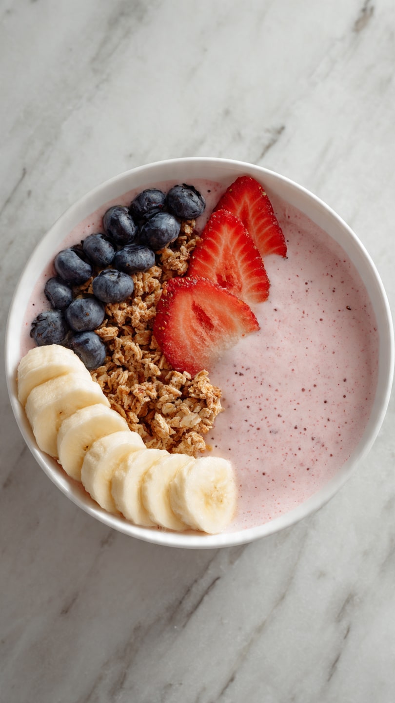 A white bowl holds a thick, creamy pink smoothie as the base layer, with small visible specks throughout. On top, a neat row of fresh blueberries lines the left side, followed by a small cluster of granola in the middle-right area, showing its light brown color and rough texture. Two sliced strawberries with a bright red color and green tips are placed vertically next to the granola. Along the bottom edge of the bowl, several evenly sliced banana pieces form a semi-circle, showing their pale yellow color and smooth texture. The bowl sits on a white marbled surface. Photo taken with an iphone --ar 4:5 --v 7