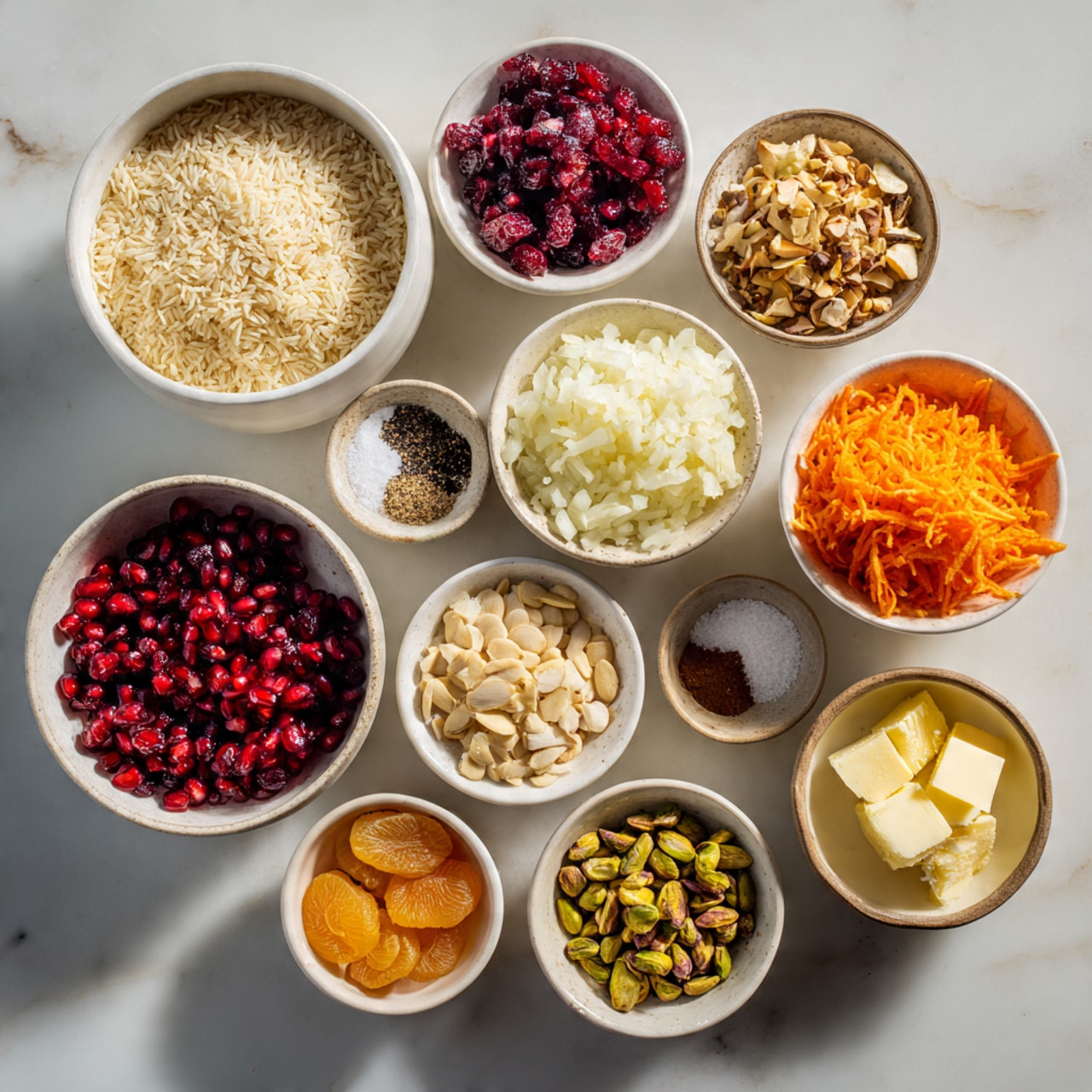 The image shows thirteen white bowls and small plates arranged on a white marbled surface. The largest bowl holds uncooked rice with a pale beige color. Another large bowl contains finely chopped white onions. A medium bowl is filled with bright red pomegranate seeds that shine with a glossy texture. Another bowl has shredded orange carrots with a soft texture. There are smaller bowls with golden raisins, pistachios with green and brown shades, slivered almonds that are pale beige, and small cubes of light yellow butter. Three small plates hold different spices in brown, black, and orange colors, and one small bowl contains a mix of salt and black pepper. The ingredients are neatly arranged and brightly lit, showing clear texture and color contrasts photo taken with an iphone --ar 4:5 --v 7