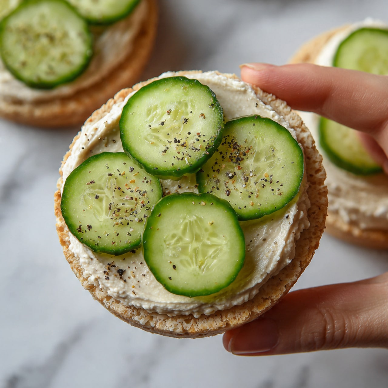 The image shows a close-up of a round rice cake topped with four slices of fresh cucumber arranged evenly in a square shape. Under the cucumber is a smooth, light beige spread, likely hummus, covering the rice cake perfectly. The cucumber slices look fresh with a bright green edge and a pale green center, sprinkled lightly with black pepper. The rice cake base is light tan with a slightly bumpy texture. The background is a white marbled surface, and parts of other rice cakes with different toppings can be seen around the main one. A woman's hand is gently holding the rice cake from the side. Photo taken with an iphone --ar 4:5 --v 7