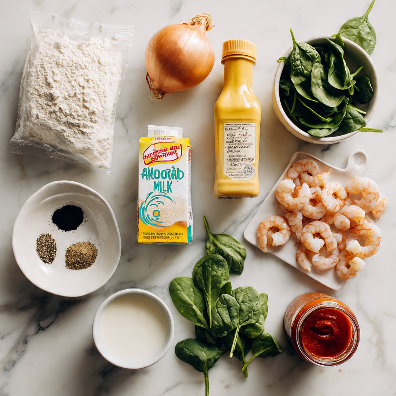 The image shows various ingredients arranged on a white marbled surface: a white bag of flour on the top left, a carton of unsweetened almond milk next to it, a whole onion and a bottle of apple cider vinegar close by, a small pile of peeled shrimp on the right, a small white bowl with milk at the bottom left, two small piles of black and white spices near the bowl, a bottle of yellow mustard in the center, fresh green spinach leaves placed near the mustard, and a small jar of red sauce to the far right. photo taken with an iphone --ar 4:5 --v 7