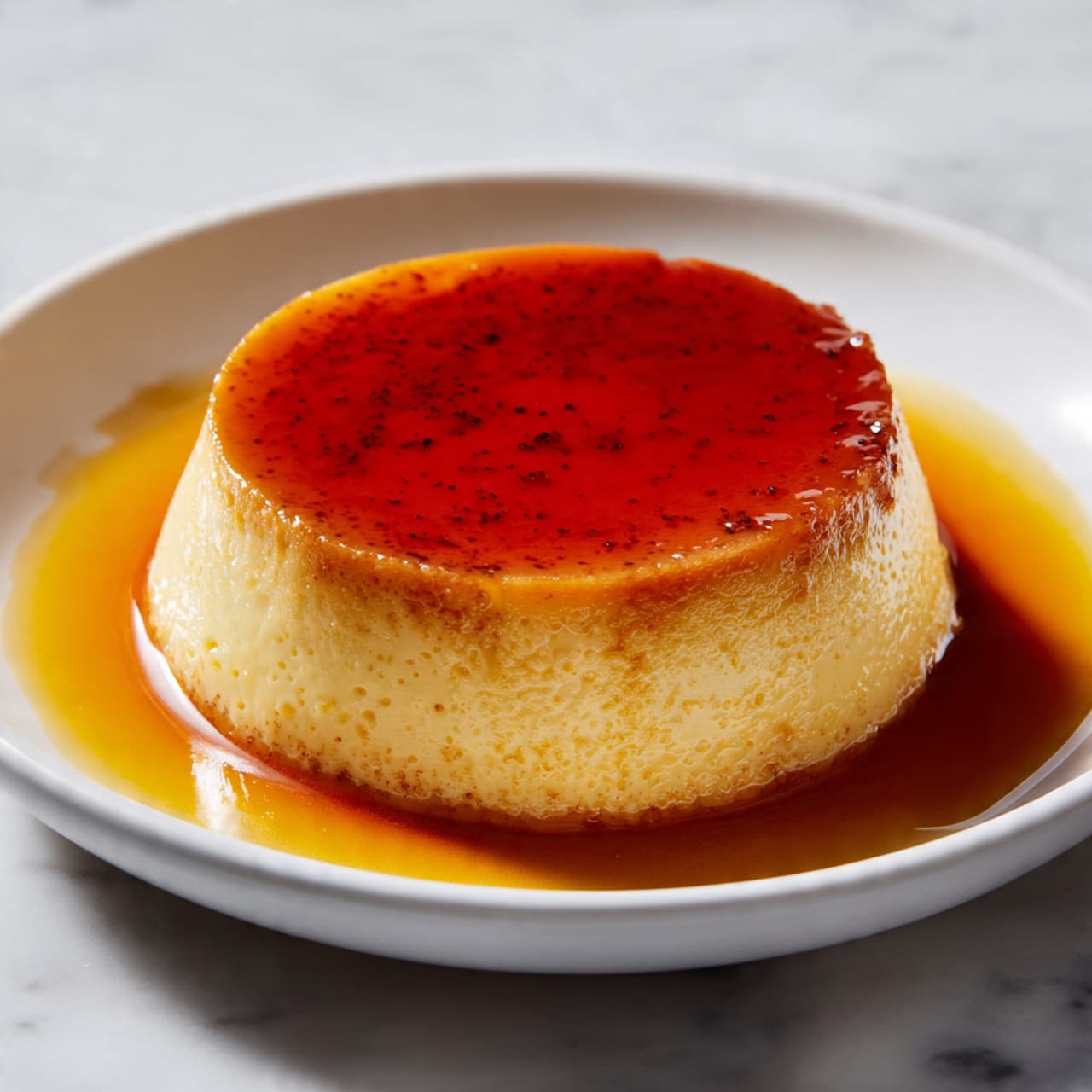 A smooth, creamy flan sits in the center of a white plate, with a shiny, golden caramel sauce spread around its base. The flan has a soft yellow color with a slightly darker caramel top that glistens under the light. The white marbled surface beneath the plate adds a clean, bright background. The caramel sauce looks slightly thick and glossy, pooling neatly around the flan’s round shape. photo taken with an iphone --ar 4:5 --v 7