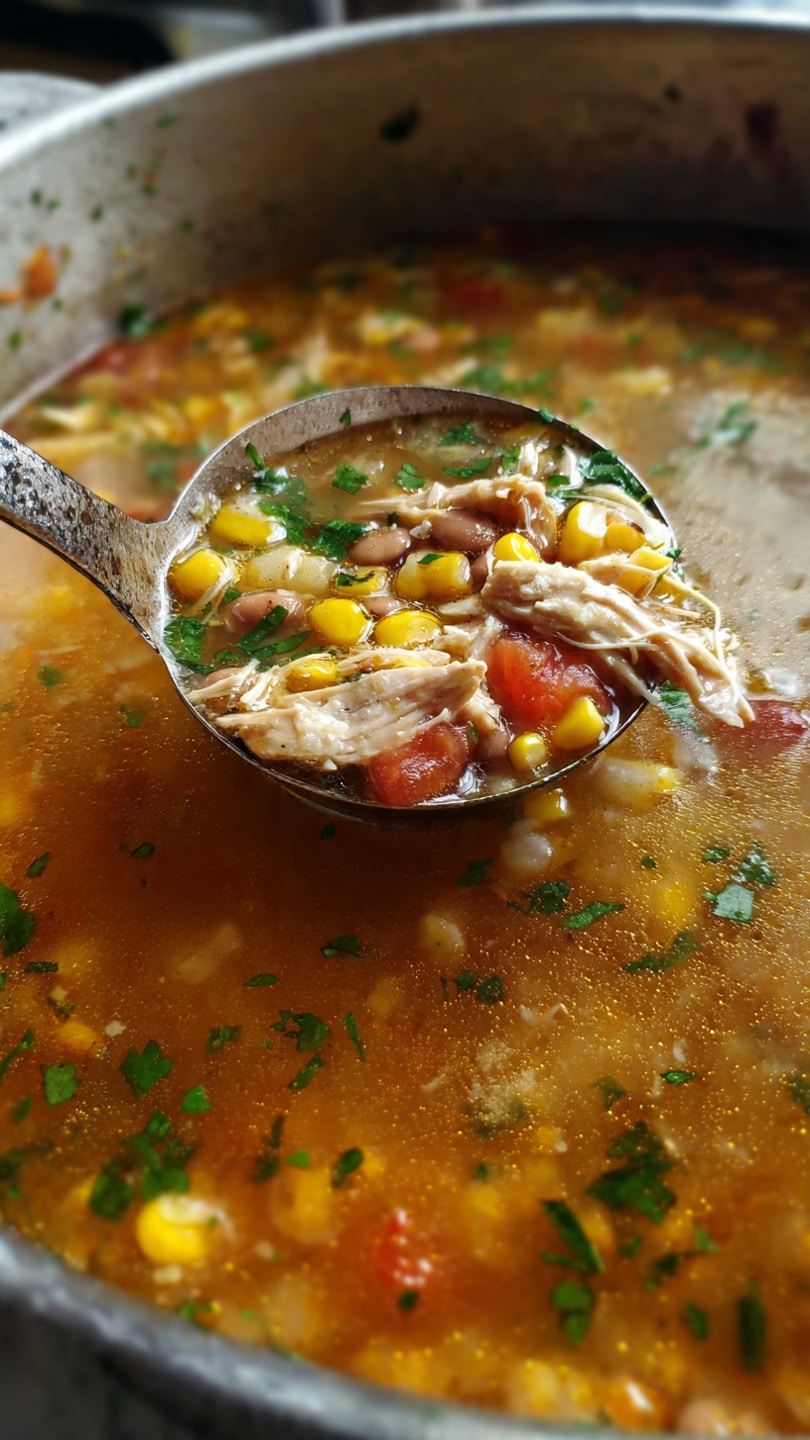 A close-up of a large pot filled with a colorful soup. The soup has three main layers visible: the first layer is a clear orange-brown broth with bits of finely chopped green herbs floating on top; the second layer has yellow corn kernels and small chunks of red tomatoes evenly spread throughout; the third layer features shredded white meat pieces and black beans scattered throughout the soup. A large silver ladle is scooping a portion, showing all these layers mixed together with the broth shining off the ingredients. The pot sits on a white marbled surface. photo taken with an iphone --ar 4:5 --v 7