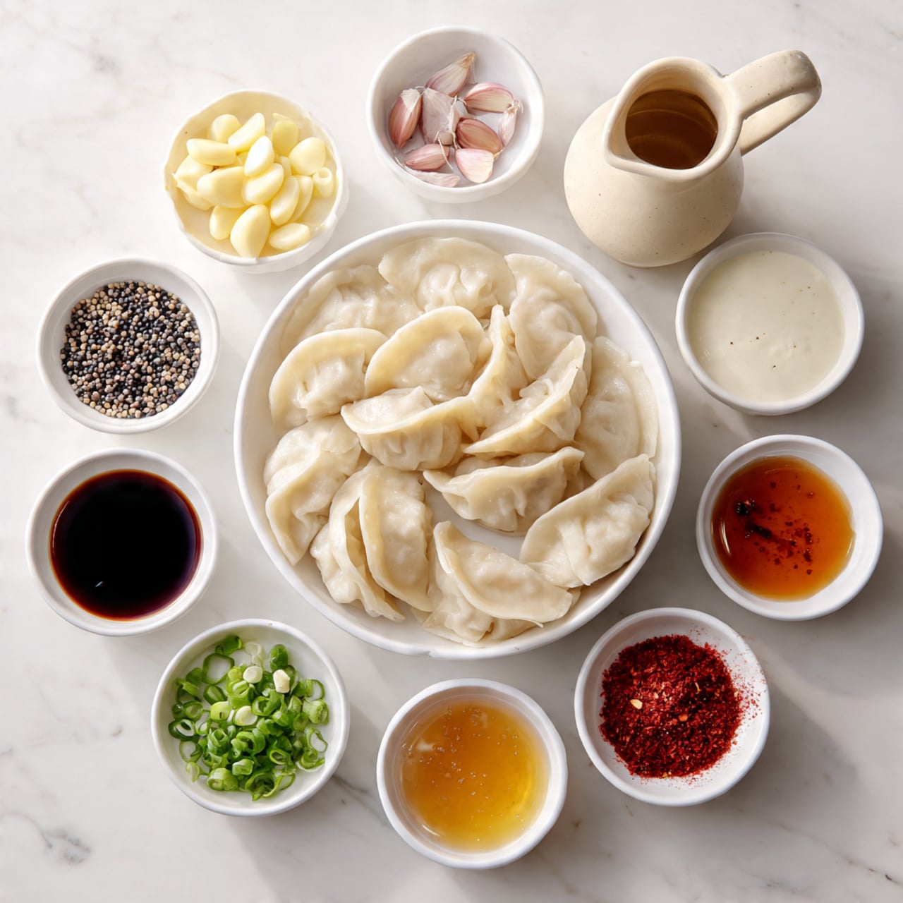 A white bowl in the center filled with white dumplings arranged in a ring, with the dumplings showing smooth, slightly curved surfaces and folded edges. Surrounding the bowl are small white dishes arranged neatly in a circle on a white marbled surface. Starting from the top left and going clockwise, the dishes contain peeled garlic cloves in light yellow, a mix of black and white peppercorns, a beige jug with light pink liquid, a small dish of dark soy sauce, a bowl with bright red chili flakes, a small bowl with creamy white sauce, a shallow dish with amber-brown honey, a small dish of chopped green onions, a tiny dish with minced ginger, and a small dish filled with red powder resembling chili powder. The overall look is clean and organized, with soft natural lighting highlighting the textures and colors. Photo taken with an iphone --ar 4:5 --v 7