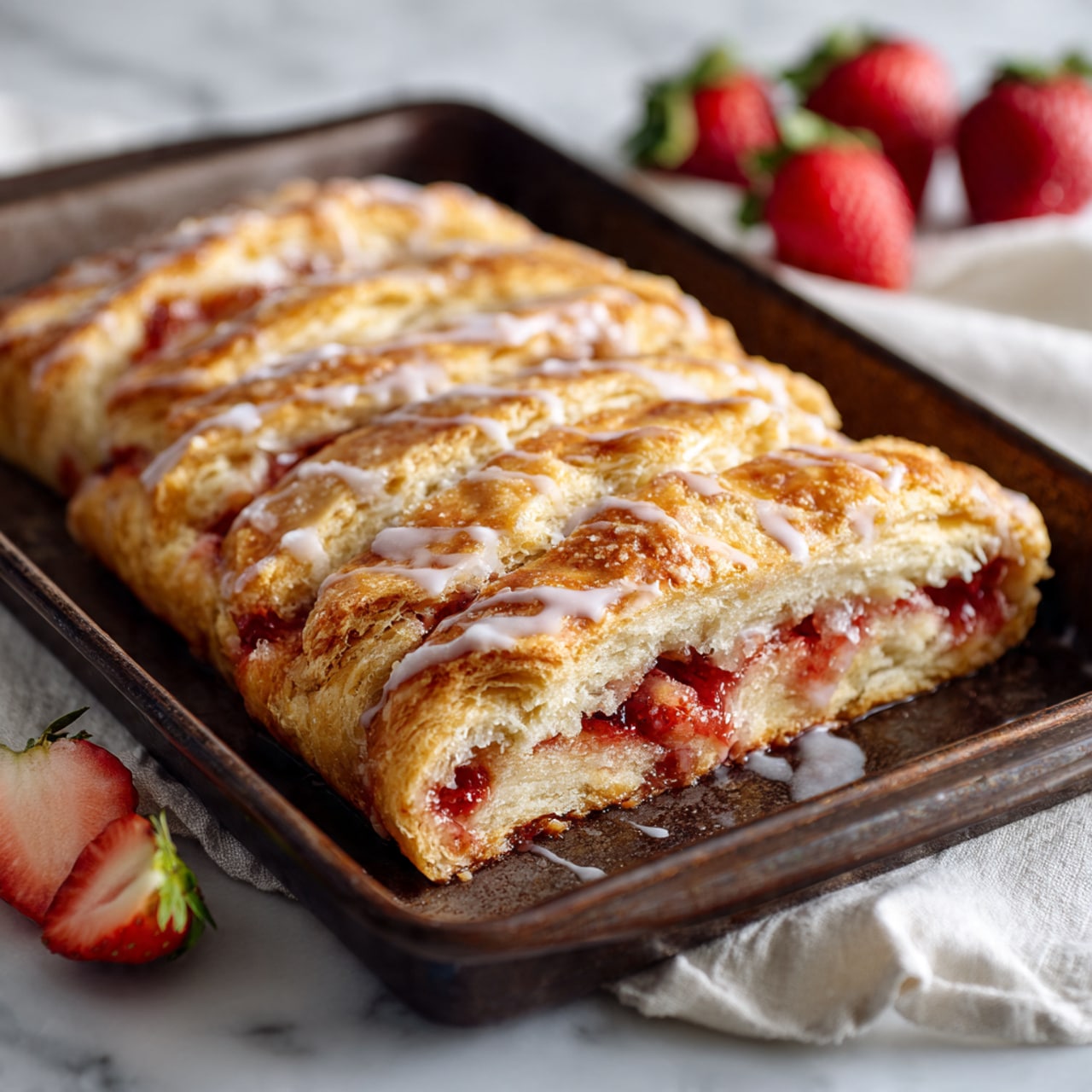A golden-brown rectangular baked pastry with a soft, slightly puffy texture is shown in a dark baking pan. The pastry has multiple visible layers, with a light glaze dripping over the top, giving it a shiny finish. Inside the pastry, bright red fruit filling is peeking through in spots, adding contrast to the light dough. The background is a white marbled surface with some whole and sliced strawberries nearby, and a white cloth is placed beside the pan. Photo taken with an iphone --ar 4:5 --v 7