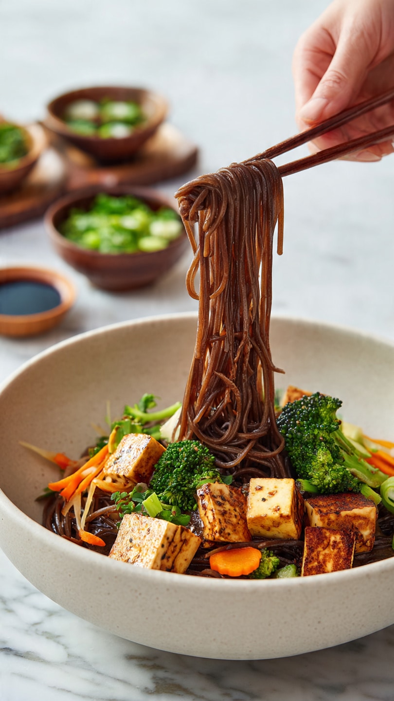 The image shows a white bowl on a white marbled surface filled with a colorful noodle dish. The dish has three main layers: at the bottom are thin, dark brown noodles being lifted by chopsticks held by a woman's hand from the top right. Above the noodles, there are small cubes of light tan tofu with grill marks, bright orange carrot slices, and bright green broccoli florets. The tofu pieces show a slightly rough texture, and the vegetables add a fresh look. The bowl's inside has a smooth, matte finish, and in the background, there are blurred small wooden bowls filled with green herbs and a dark sauce. Photo taken with an iphone --ar 4:5 --v 7