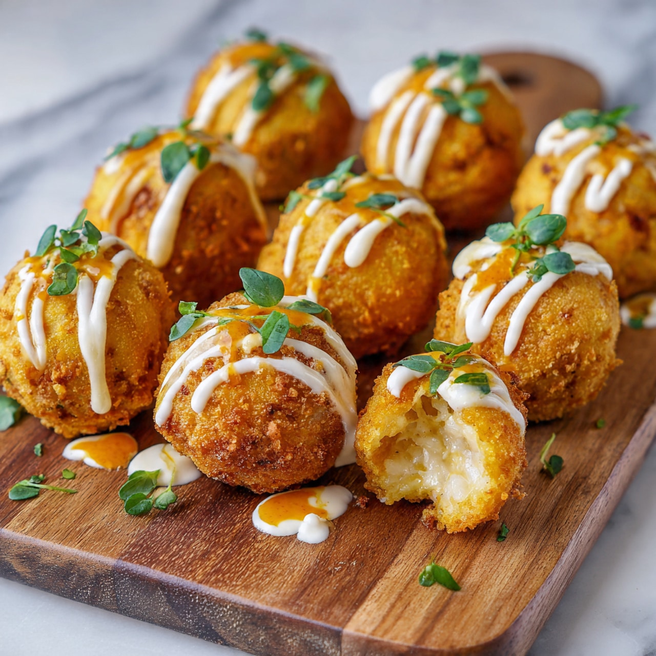There are nine round, golden-brown fried balls with a crunchy texture placed on a wooden board. Each ball has a drizzle of white creamy sauce and an orange sauce on top, along with small green leaves scattered as garnish. One ball is open, showing a white soft inside with a bit of the orange sauce dripping inside it. The surface beneath the board has a white marbled texture. photo taken with an iphone --ar 4:5 --v 7