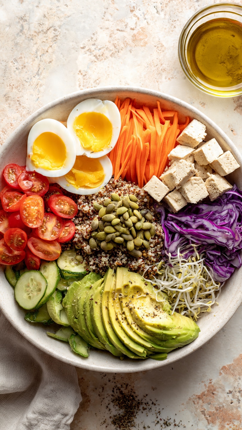 A white bowl filled with layers of colorful ingredients arranged in sections: at the bottom left, bright green broad beans; next to them, red sliced grape tomatoes; above the tomatoes, thin orange carrot strips; to the top left, two halves of a hard-boiled egg with bright yellow yolks; in the center, a mound of green pumpkin seeds; behind the seeds, finely shredded purple cabbage; to the right of the cabbage, small cubes of light beige tofu; next to the tofu, thinly sliced cucumber; in front of the cucumber, fanned slices of green avocado sprinkled with a light dusting of seasoning; and some white shredded onion on top of the avocado; the base layer of the bowl appears to be cooked quinoa. The bowl sits on a white marbled textured surface with a small glass bowl of oil dressing nearby. Photo taken with an iphone --ar 4:5 --v 7