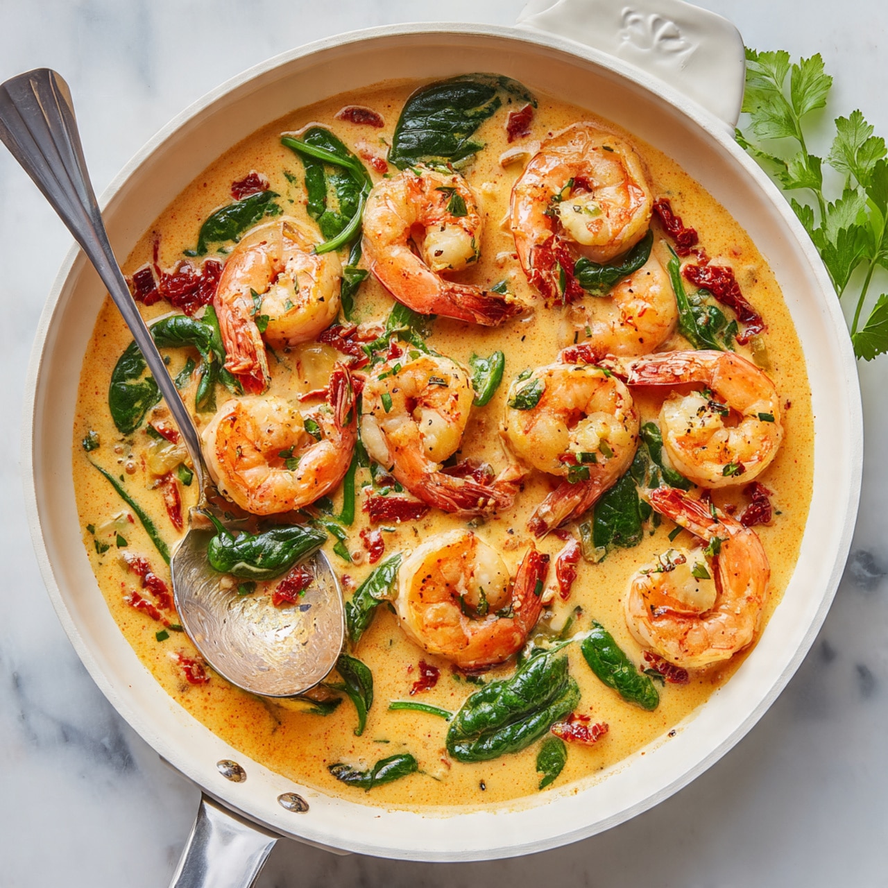 The image shows a white pan filled with cooked shrimp that are pink and slightly curled, placed evenly on top of a creamy orange sauce with visible bits of herbs and red sun-dried tomato pieces. Bright green spinach leaves are scattered among the shrimp, adding fresh color contrast. A silver spoon rests inside the pan, angled toward the lower left corner. The pan sits on a white marbled surface with some parsley leaves partly visible on the upper left side. Photo taken with an iphone --ar 4:5 --v 7