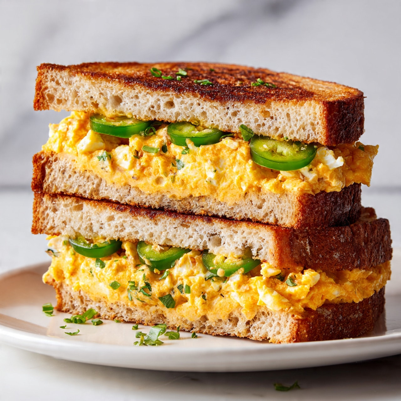 The image shows two thick sandwich halves stacked on a white plate with a white marbled texture background. Each sandwich has three visible layers: the bottom and top layers are light brown toasted bread with a slightly rough texture, the middle layer is a bright orange spread mixed with small white chunks that look like chopped eggs and green herbs, and there are thin slices of green jalapeño peppers placed inside, visible in the center of the sandwiches. The surface of the sandwiches is slightly toasted, giving a golden color with some darker browned spots. Small green herb bits are scattered on the plate around the sandwiches. photo taken with an iphone --ar 4:5 --v 7