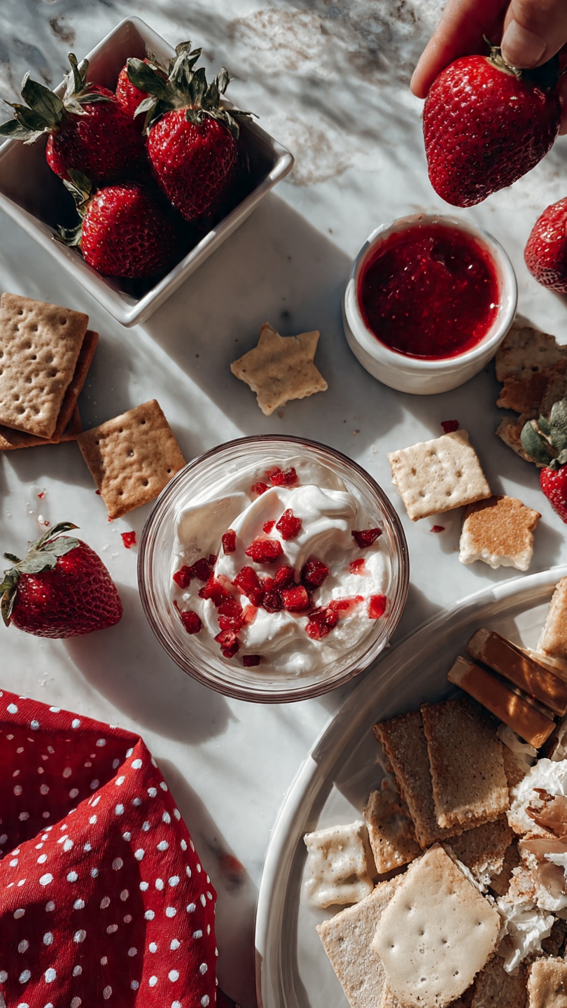 The image shows a clear glass bowl filled with white cream topped with small red strawberry pieces, placed on a white marbled surface. Nearby, there is a small white square bowl filled with whole fresh strawberries, and some loose strawberries scattered around. To the right, a large white round plate holds various beige cookies and square graham crackers, with a small pile of star-shaped cookie pieces spilled on the surface. In the center, between the bowls and plate, there is a small white round bowl filled with red strawberry sauce. A woman's hand holding a strawberry is partly visible near the top. A red cloth with white polka dots is visible on the left side. The photo taken with an iphone --ar 4:5 --v 7