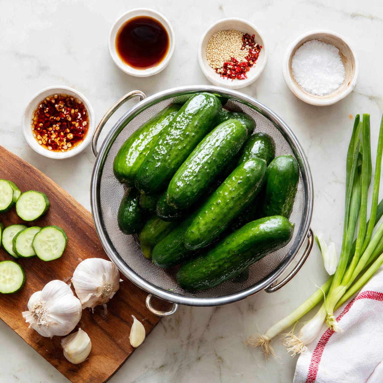 The image shows fresh green cucumbers both whole and sliced in a silver metal strainer on a white marbled surface with a wooden cutting board underneath. On the cutting board, there are three whole cucumbers, two raw garlic cloves, and several small white ramekins filled with white sugar, red chili flakes, sesame seeds, and dark soy sauce. A few green onions lay across the bottom right corner with a white and red striped cloth partially visible. The colors are natural and fresh with a mix of green, white, and brown tones. Photo taken with an iphone --ar 4:5 --v 7