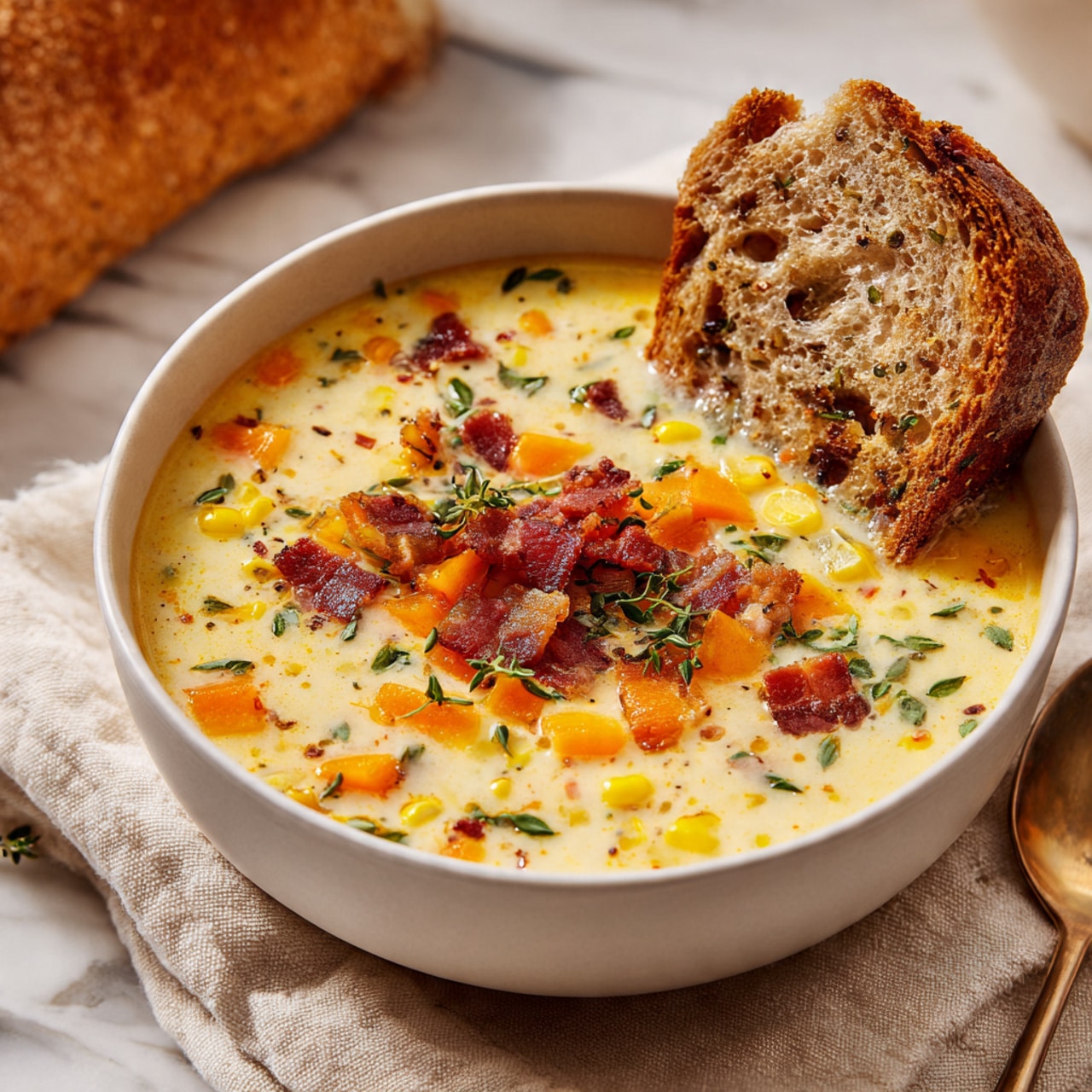 A thick, creamy soup fills a white round bowl, showing three main layers: a smooth white cream base, bright yellow corn and orange carrot chunks scattered evenly inside, and crispy reddish-brown bacon pieces on top, all sprinkled with small green herb leaves. A piece of toasted brown crusty bread, with a rough and airy texture, is dipped into the soup resting against the bowl’s edge. The bowl sets on a light beige cloth over a white marbled surface with a blurred loaf of bread and some herbs in the background. Photo taken with an iphone --ar 4:5 --v 7