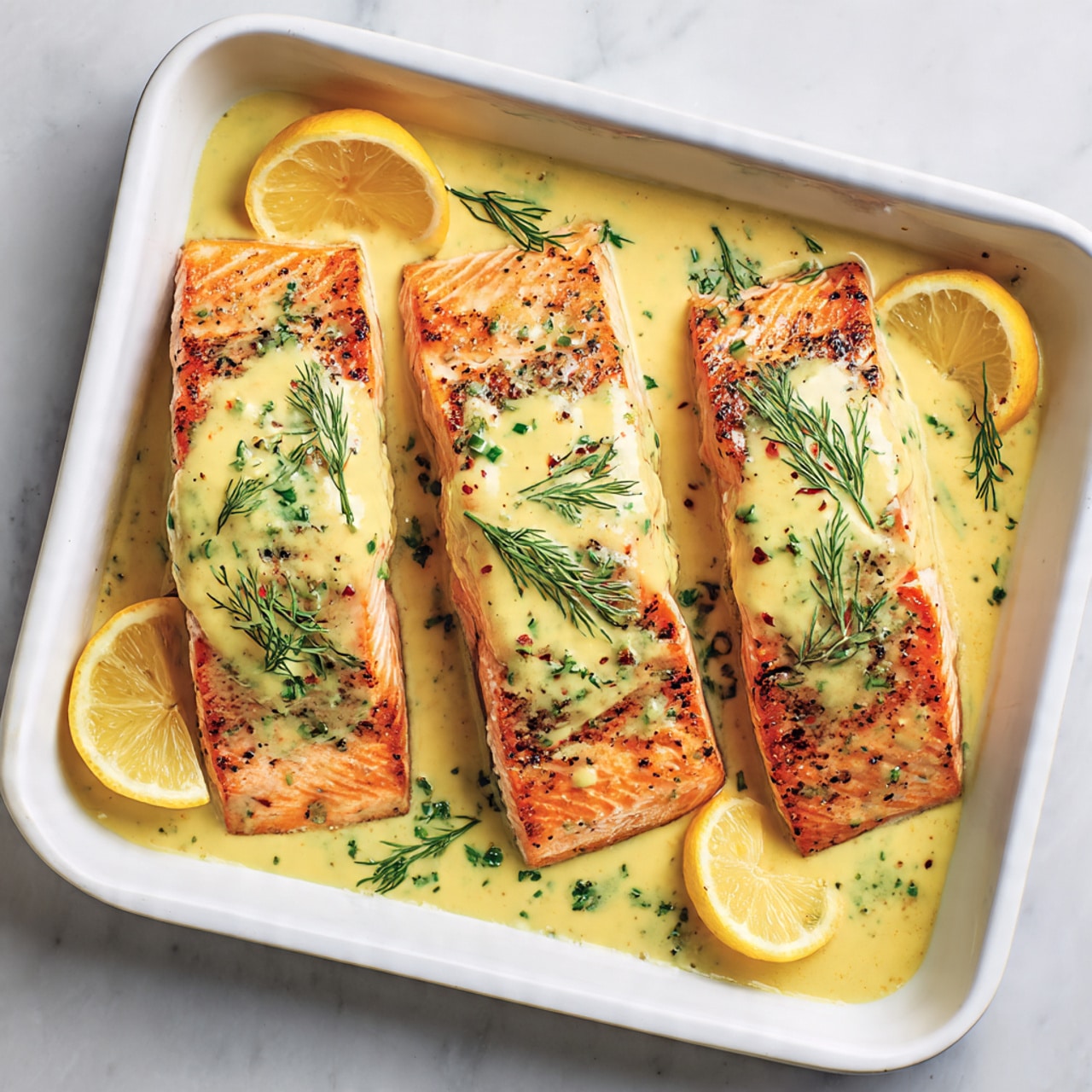 The image shows four pieces of cooked salmon fillets arranged neatly in a white baking tray. Each piece is topped with a smooth, creamy light yellow sauce, garnished with small sprigs of fresh green dill. Bright yellow lemon wedges are placed around the fish. The salmon has a slightly shiny texture with visible grill marks. The background is a white marbled surface. photo taken with an iphone --ar 4:5 --v 7