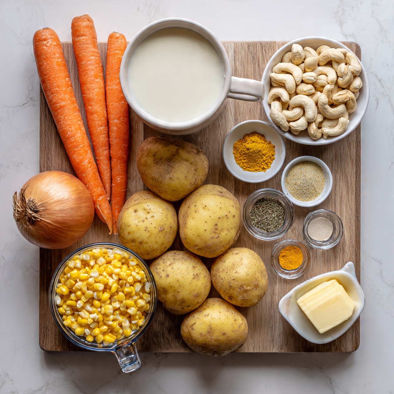 The image shows a wooden cutting board with several ingredients arranged neatly on it. There are three yellowish potatoes slightly rough in texture positioned near the center. Just below the potatoes is a metal bowl full of bright yellow corn kernels. On the left side of the board, two whole orange carrots and a round brown onion with a rough skin are placed. Above the potatoes, there is a white container filled with a creamy white liquid, likely milk or cream. Next to that container, a white bowl holds a pile of raw cashew nuts in a light beige color. Nearby, two small white bowls contain spices and seasoning powders in colors like black, white, green, and orange, and a yellowish powder that looks like nutritional yeast. At the lower right corner, a small white dish holds a pale yellow piece of butter. In the bottom left corner of the cutting board, a glass measuring cup holds a brown liquid, possibly broth. The cutting board rests on a white marbled surface photo taken with an iphone --ar 4:5 --v 7