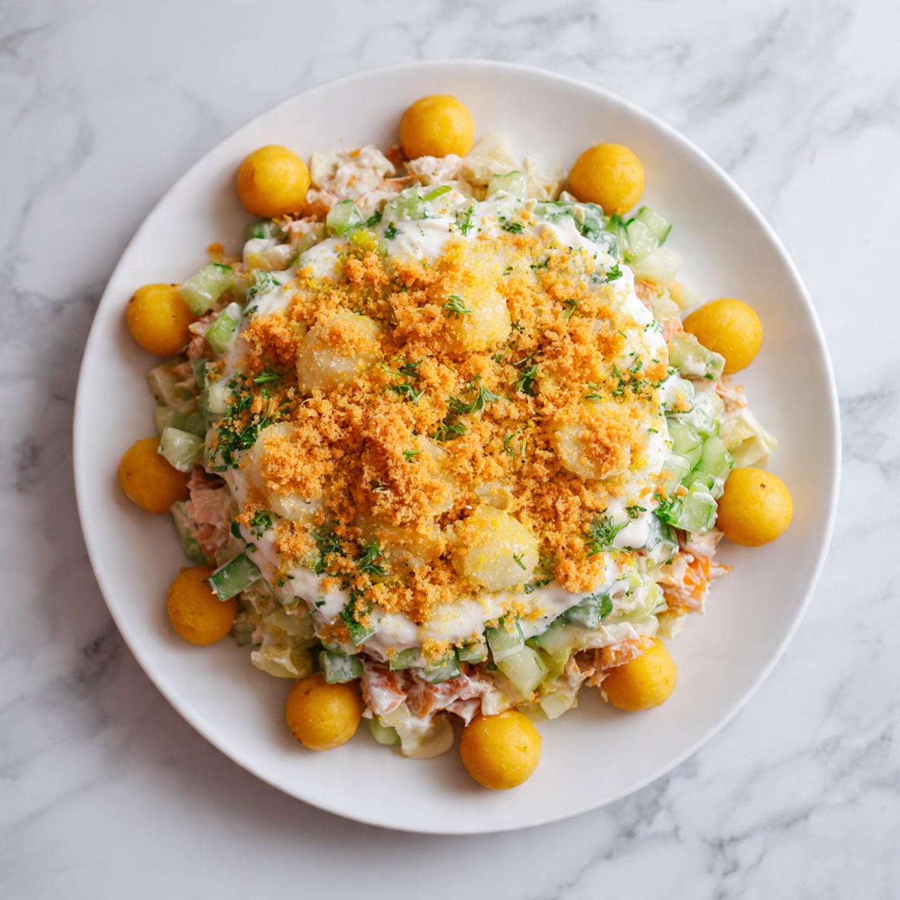 The image shows a white plate filled with a multi-layered salad dish placed on a white marbled surface. The bottom layer has a chunky mix of light beige and orange pieces, likely cooked vegetables or a salad base. On top of this sits a layer of finely chopped cucumber and greens, providing a fresh green color. Over this is a generous amount of creamy white sauce spreading over the salad, topped with sprinkled small yellow crunchy bits, possibly crumbled eggs or breadcrumbs. Around the edges of the plate, there are several small, round, yellow balls placed evenly. The photo is taken with an iphone --ar 4:5 --v 7
