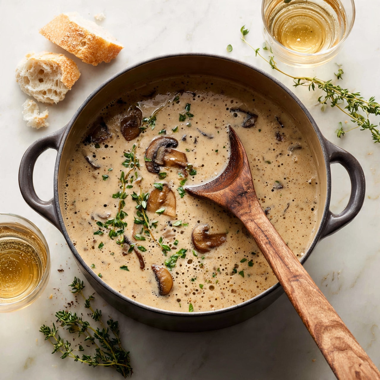 A black pot filled with creamy mushroom soup showing a light beige color with small bubbles and foam on the surface, scattered pieces of brown mushrooms and small green herb leaves on top. A wooden spoon with a curved edge rests inside the pot, partly covered by the soup. Around the pot are some torn pieces of bread and sprigs of fresh herbs on a white marbled surface, with two clear glasses containing a light golden drink nearby. Photo taken with an iphone --ar 4:5 --v 7