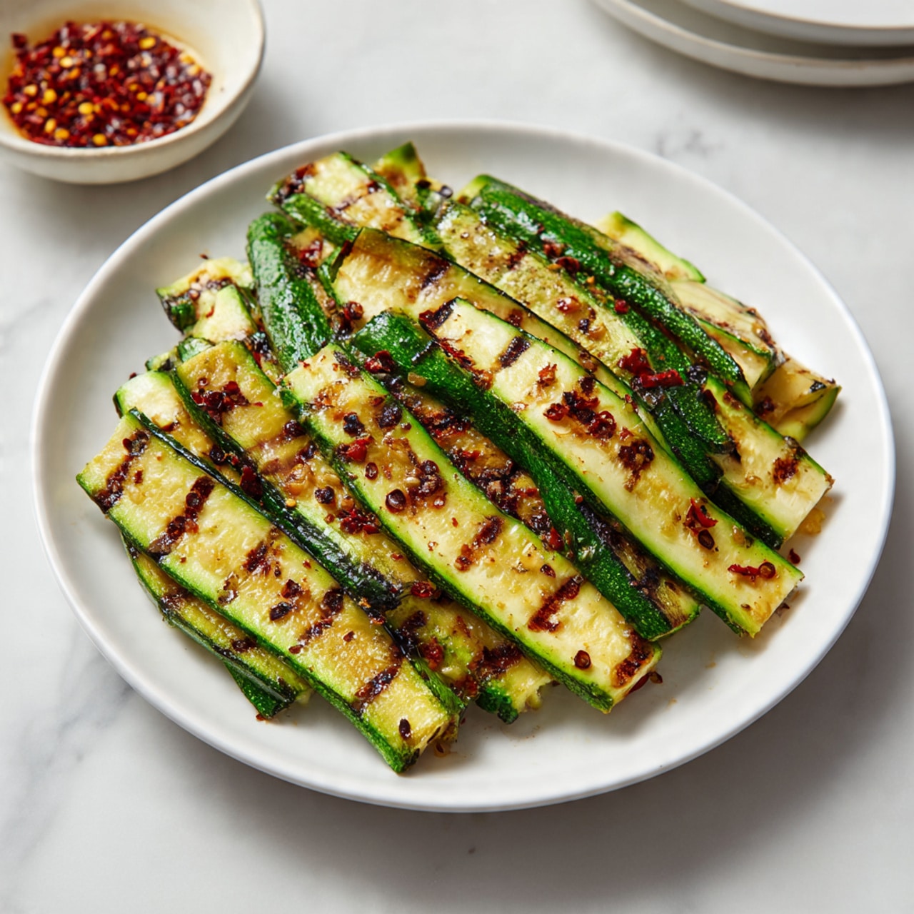 The image shows a white plate with a thin flat dish made from grilled zucchini strips arranged closely side by side, creating visible green and light green stripes. The zucchini pieces are slightly charred with light brown grill marks, giving texture and contrast to the dish. The plate is set on a white marbled surface, and in the background, a small bowl of red chili flakes is slightly blurred. Photo taken with an iphone --ar 4:5 --v 7