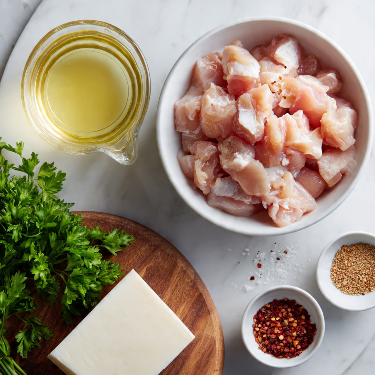 The image shows raw chicken pieces in a white bowl placed on a white marbled surface. Next to the bowl is a clear glass measuring cup filled with a light yellow liquid. Below, there is a round wooden cutting board with a bunch of green parsley on one side and a round block of white cheese on the other. To the right, there are three small round white bowls containing red pepper flakes, salt, and a brown powdery spice. The scene is well-lit, clean, and organized. Photo taken with an iphone --ar 4:5 --v 7