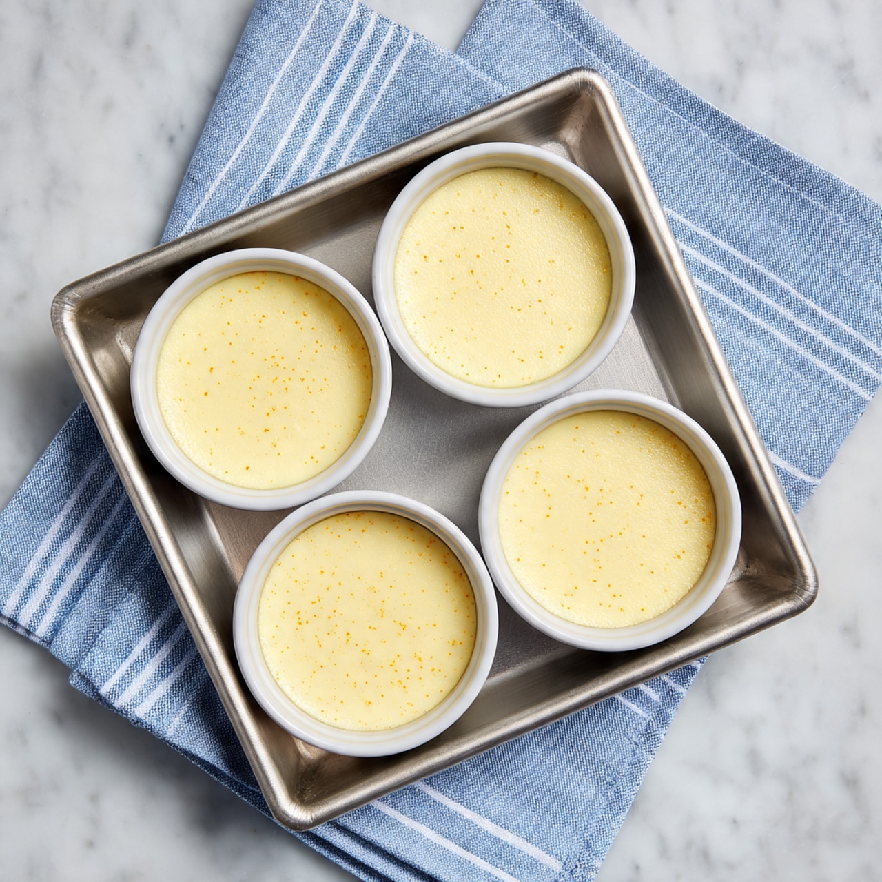 Four white ramekins filled with smooth, pale yellow custard sit evenly spaced inside a square silver baking tray. The custard has a light, slightly glossy surface with a few tiny specks of a deeper yellow scattered within. The tray rests on a soft blue and white striped cloth on a white marbled surface visible around the tray edges. The image is taken from above, showing a clean and simple kitchen setting. Photo taken with an iphone --ar 4:5 --v 7