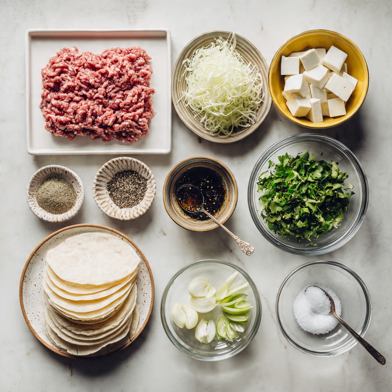 The image shows a top view of various ingredients arranged neatly on a white marbled surface. On the left, raw ground meat lies on a white rectangular tray with visible strands and a pinkish-red color. Next to it are small bowls and plates with different ingredients: a small speckled dish with black pepper, a dark liquid in a striped bowl, a yellow bowl filled with shredded white radish, and a fresh green mix of finely chopped herbs and vegetables in a clear glass bowl. There is a clear bowl with small white tofu cubes, a smaller bowl with minced garlic, and a bowl with a dark, spicy-looking sauce containing green onion slices and a spoon. Near the bottom, there's a plate stacked with pale, round dumpling wrappers, and beside it two clear bowls hold finely chopped white onion and coarse salt. The arrangement is clean and well-organized, highlighting each ingredient clearly. photo taken with an iphone --ar 4:5 --v 7