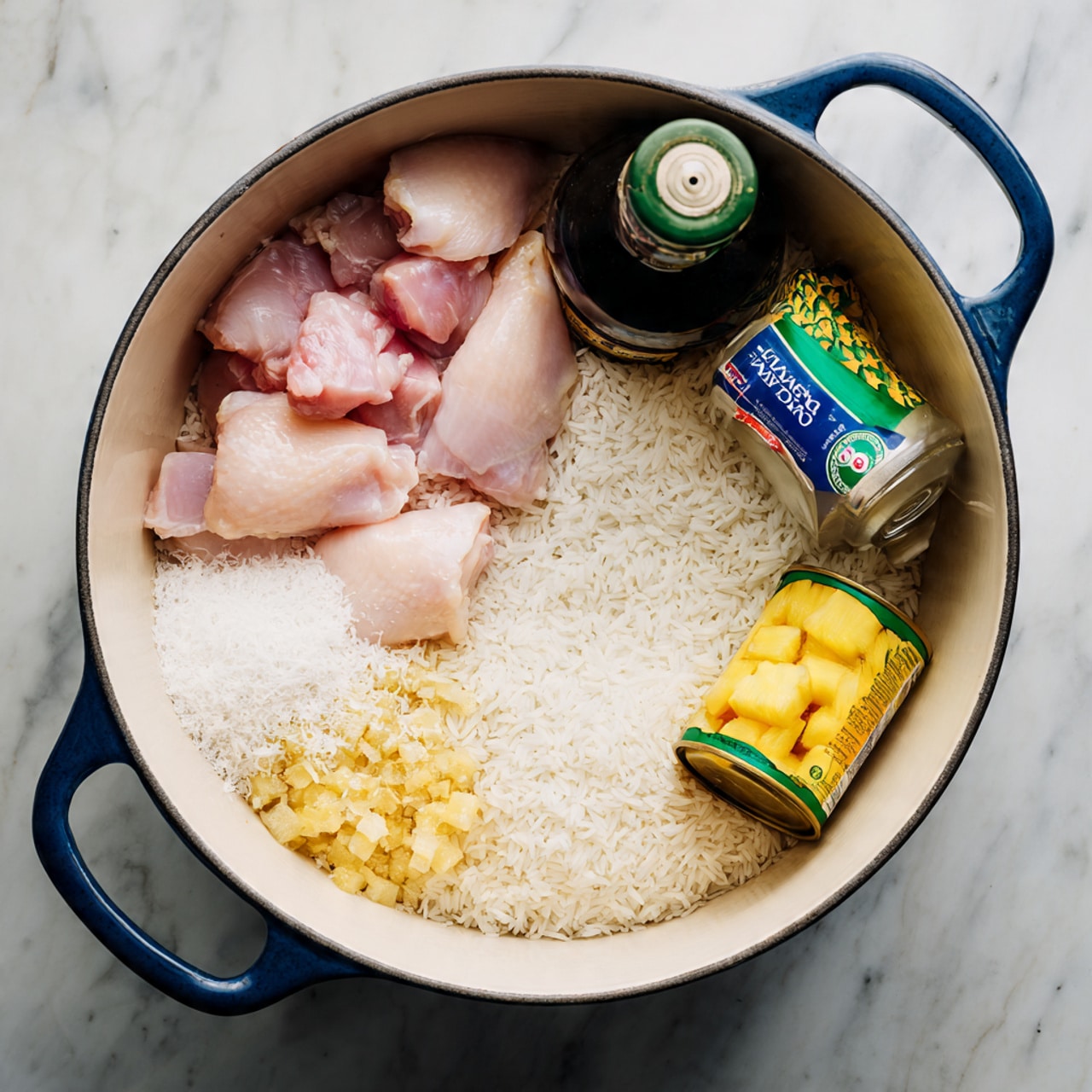 A white pot with blue handles sits on a white marbled surface and contains several cooking ingredients layered for a recipe. The bottom layer is white uncooked rice, covering the whole base. On one side, there are raw pink chicken pieces resting on the rice. Nestled into the rice are three cans: a green and white can of coconut milk, a yellow and blue can of pineapple chunks, and a dark green bottle of soy sauce standing upright. The colors and textures contrast clearly with each other. photo taken with an iphone --ar 4:5 --v 7