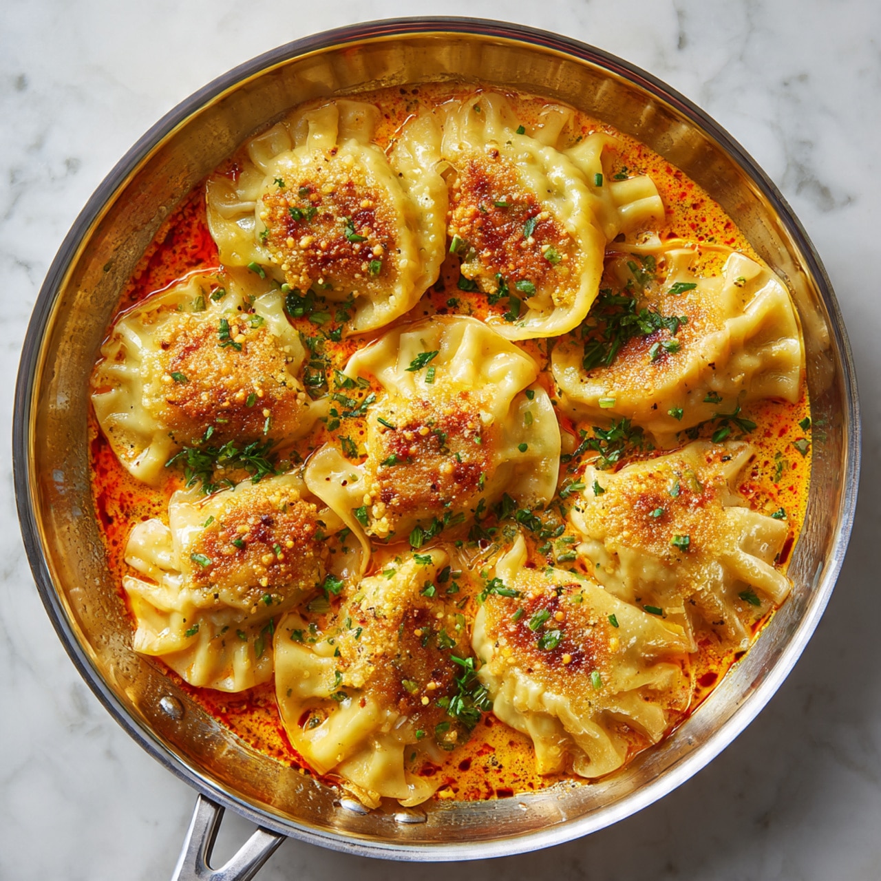 A shiny metal pan holds eight dumplings arranged evenly in a circle, each dumpling pale yellow with slightly browned, textured tops showing some light crisping. The dumplings sit in a thick, creamy orange-red sauce with visible oil spots and small flecks of seasoning floating throughout. Bright green chopped herbs are scattered over the dumplings and sauce, adding fresh color. The pan is placed on a white marbled surface. photo taken with an iphone --ar 4:5 --v 7