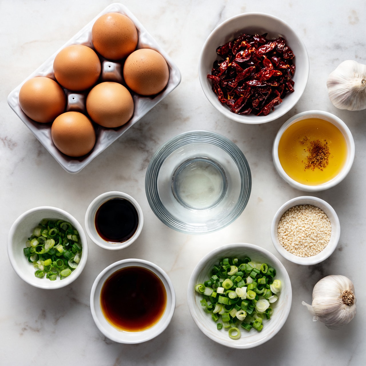The image shows various ingredients neatly arranged on a white marbled surface. At the top left, there are ten brown eggs in a white container. Around the eggs, there are small white bowls holding chopped red chilies, chopped shallots, sliced garlic, dark soy sauce, golden honey or syrup, chopped green onions, and white sesame seeds. In the center, there is a clear glass bowl with water. All items are spaced evenly, creating a clean and organized look. Photo taken with an iphone --ar 4:5 --v 7