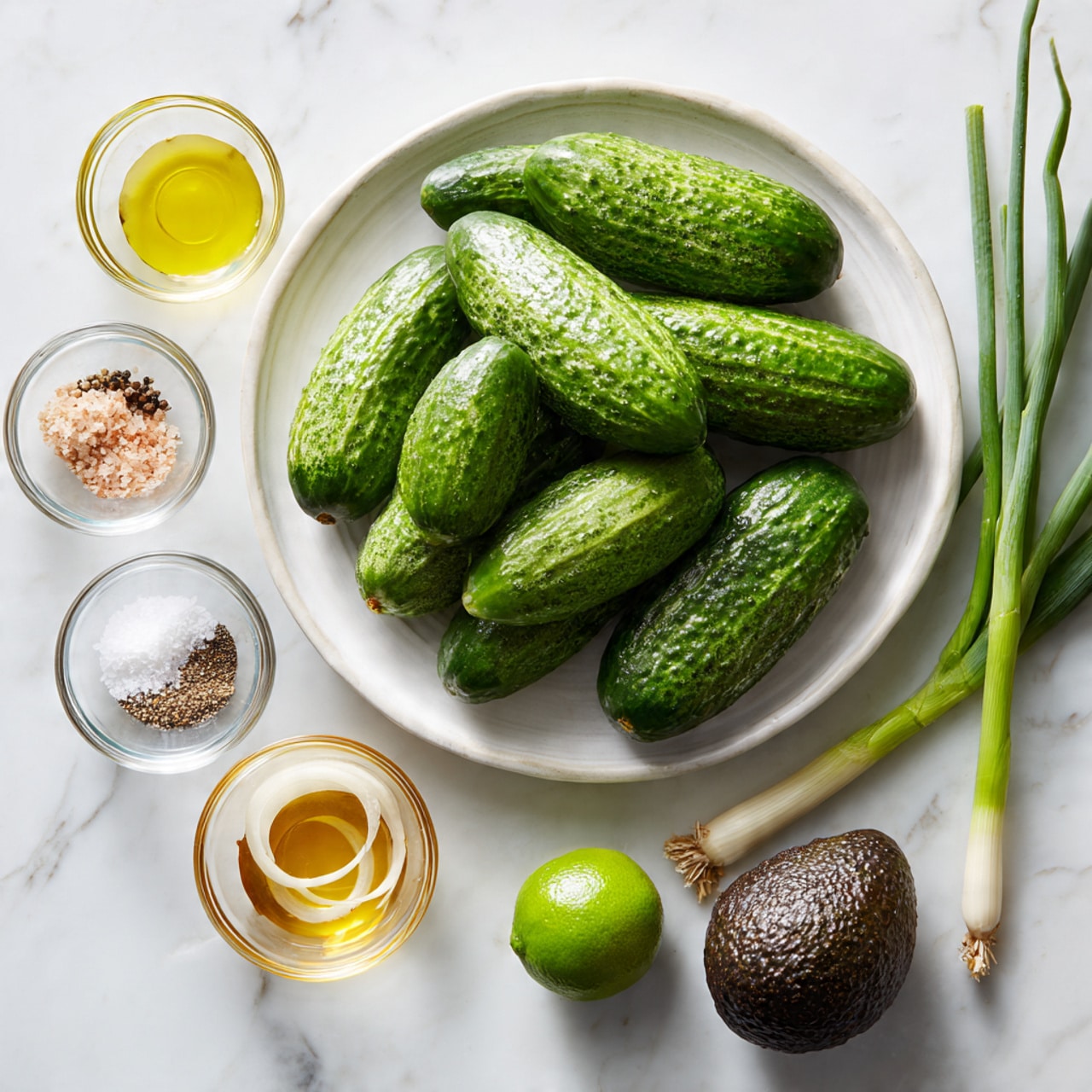 A white round plate holds eight small cucumbers with a fresh green color and bumpy textures, arranged in a loose pile. To the right of the plate, three long green onions lie diagonally on a white marbled surface, with a lime placed near their bottom ends. Below the plate, there are four small clear glass bowls arranged in a square: one with coarse salt, one with cracked black pepper, one with golden olive oil, and one with a ring of a sliced onion. To the bottom right of the image, a dark green avocado with a bumpy skin rests on the white marbled surface. Photo taken with an iphone --ar 4:5 --v 7