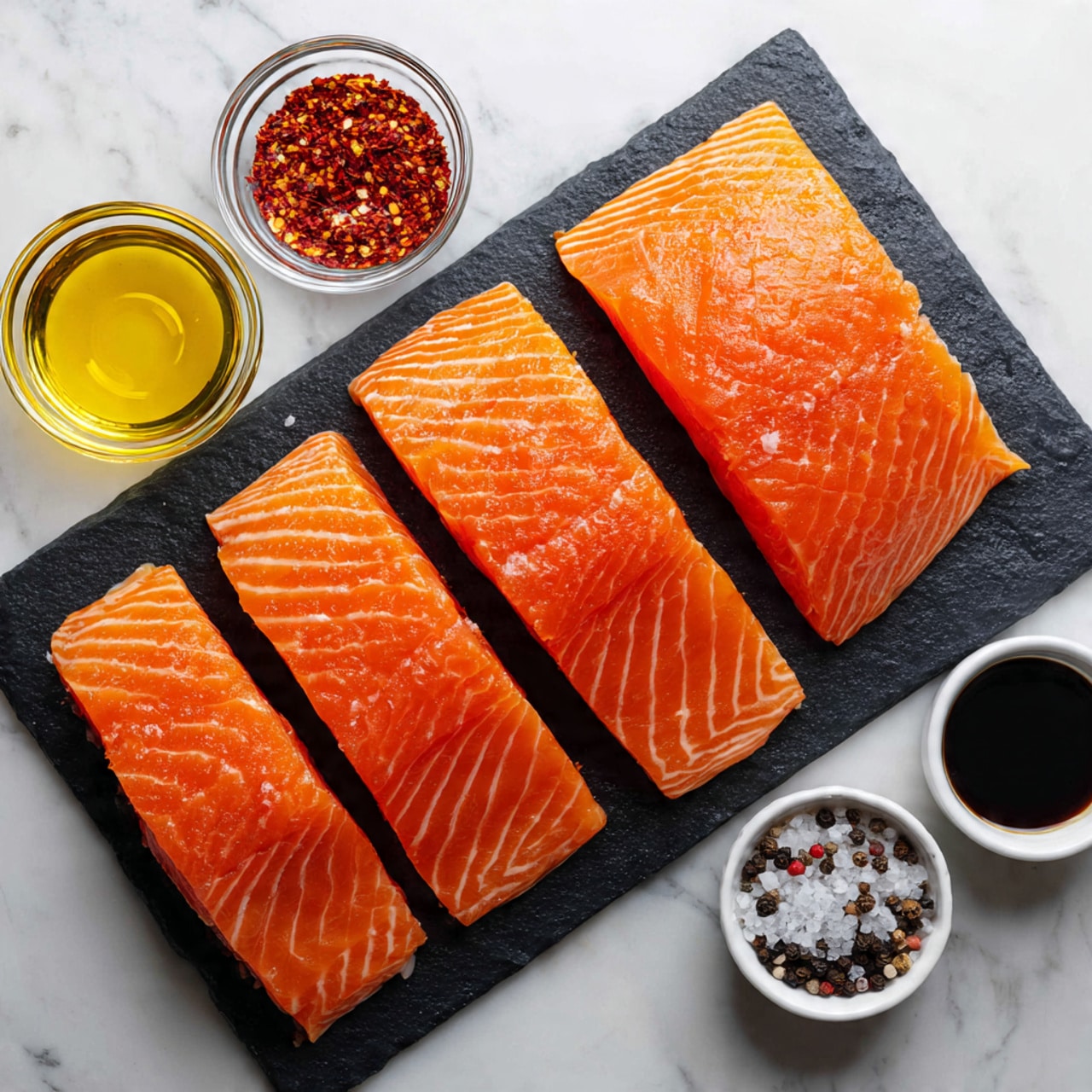 The image shows four pieces of raw salmon fillets placed side by side on a dark slate serving board. Each salmon fillet has a bright, rich orange color with fine white lines of fat running through them, creating a smooth texture. Surrounding the board are small glass bowls holding different condiments: one with golden olive oil, one with a red spice mix, and another with a dark soy sauce or similar liquid. Some coarse salt and peppercorns are also visible in a white bowl to the side. The whole scene sits on a white marbled surface, creating a clean, bright background. The photo taken with an iphone --ar 4:5 --v 7