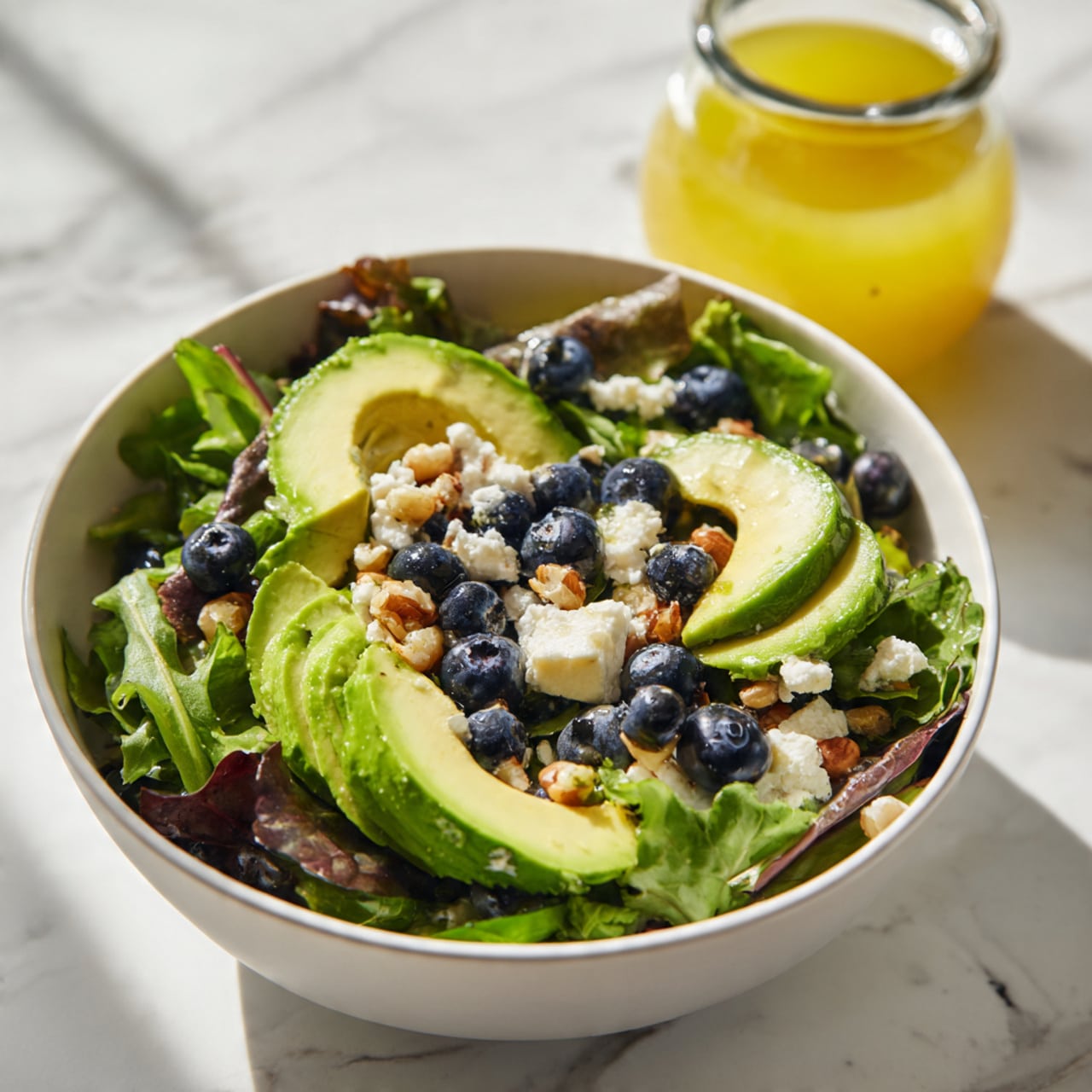 A white bowl filled with a fresh salad sits on a white marbled surface. The salad has a base layer of mixed green leaves with dark and light shades, topped with sliced light green avocado pieces arranged evenly around the bowl. Scattered on top are plump, dark blue blueberries, small chunks of white cheese, and small bits of light brown nuts spread throughout. A glass jar with a yellow dressing is visible blurred in the background. photo taken with an iphone --ar 4:5 --v 7