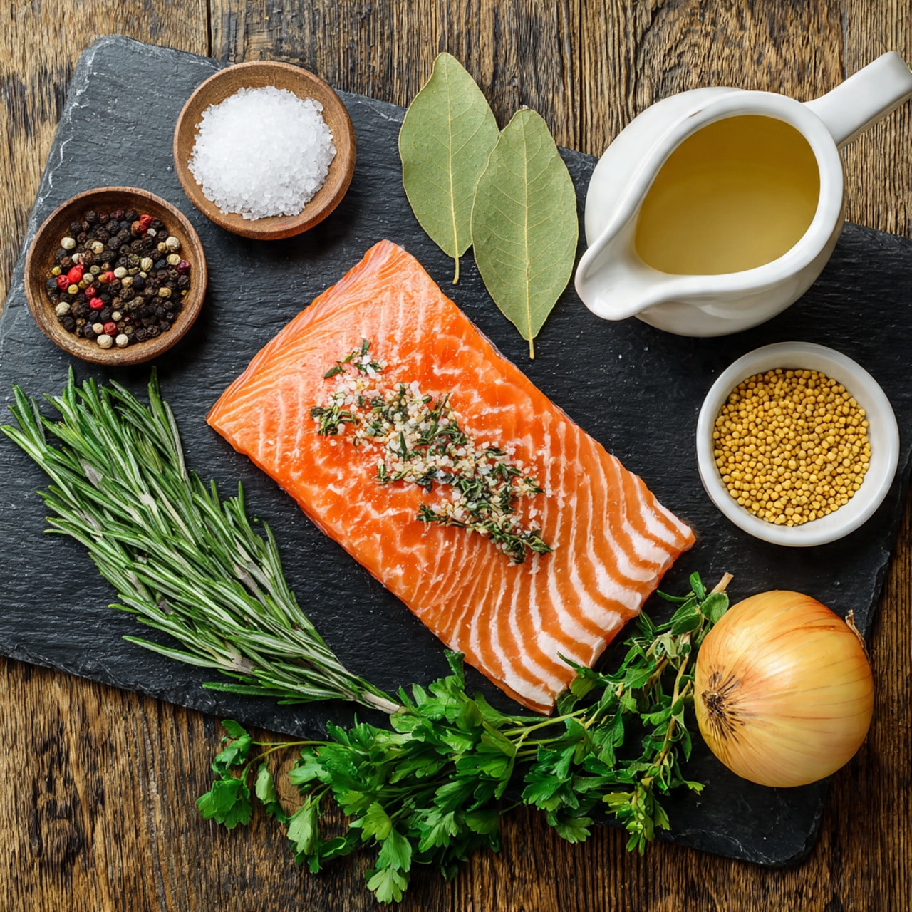 A fresh piece of bright orange salmon with visible white marbling sits centered on a dark cutting board, surrounded by fresh green herbs including rosemary and parsley at the bottom left. Toward the right, a whole small yellow onion lies next to a white small bowl filled with light brown mustard seeds. Near the top right, there is a smooth white pitcher with a light brown liquid inside. Above the salmon, two green bay leaves rest on the board. At the top center, a dark bowl holds white sugar with a small wooden spoon. On the top left, a small white textured bowl contains coarse salt with a spoon inside, and beside it is a white dish with black peppercorns. The cutting board and ingredients sit on a wooden surface replaced by a white marbled texture photo taken with an iphone --ar 4:5 --v 7