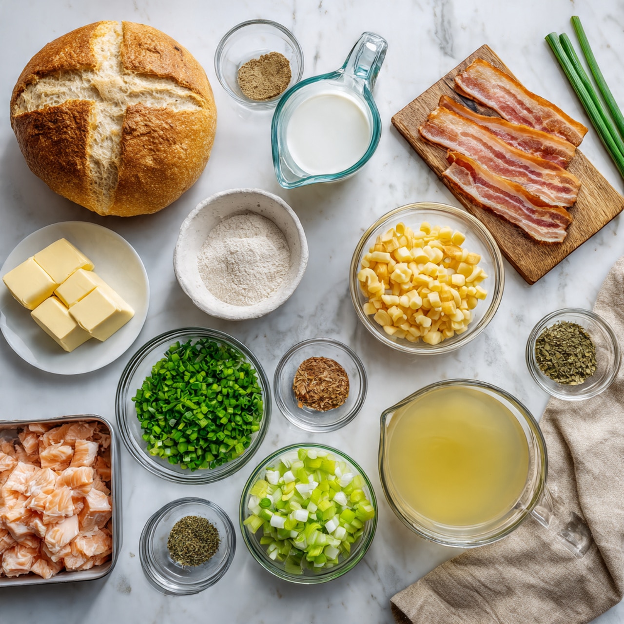 The image shows many ingredients laid out on a white marbled surface. There is a round loaf of bread with a cross cut on top in the bottom left corner. Near it, a clear measuring cup holds milk. Two small cubes of butter sit on a small white plate below a small glass bowl with a light powder inside. To the right, a larger clear measuring cup has light yellow broth. Above that, a wooden board holds five strips of raw bacon and some fresh green parsley on the right side. Around the board are small clear bowls with chopped white onions, diced celery, diced yellow potatoes, chopped green onions, and some canned salmon pieces in a metal tin on the upper left corner. Tiny glass bowls with various dried herbs and spices are scattered between the larger bowls. On the right side of the image, a beige cloth lies partly visible. Photo taken with an iphone --ar 4:5 --v 7