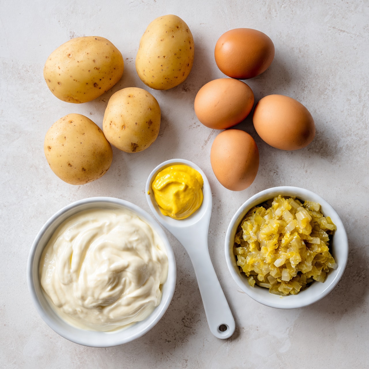 The image shows a white marbled surface with raw ingredients neatly arranged. At the top left are five small, light brown potatoes with a smooth texture. To the right of the potatoes, there are eight brown eggs, close together. At the bottom left is a small white bowl filled with a thick, creamy white sauce. In the middle, a white measuring spoon holds a dollop of bright yellow mustard. To the right, another small white bowl contains a chunky mixture that looks like chopped pickles or relish. The arrangement is simple and clean, with each item clearly visible and well lit. photo taken with an iphone --ar 4:5 --v 7